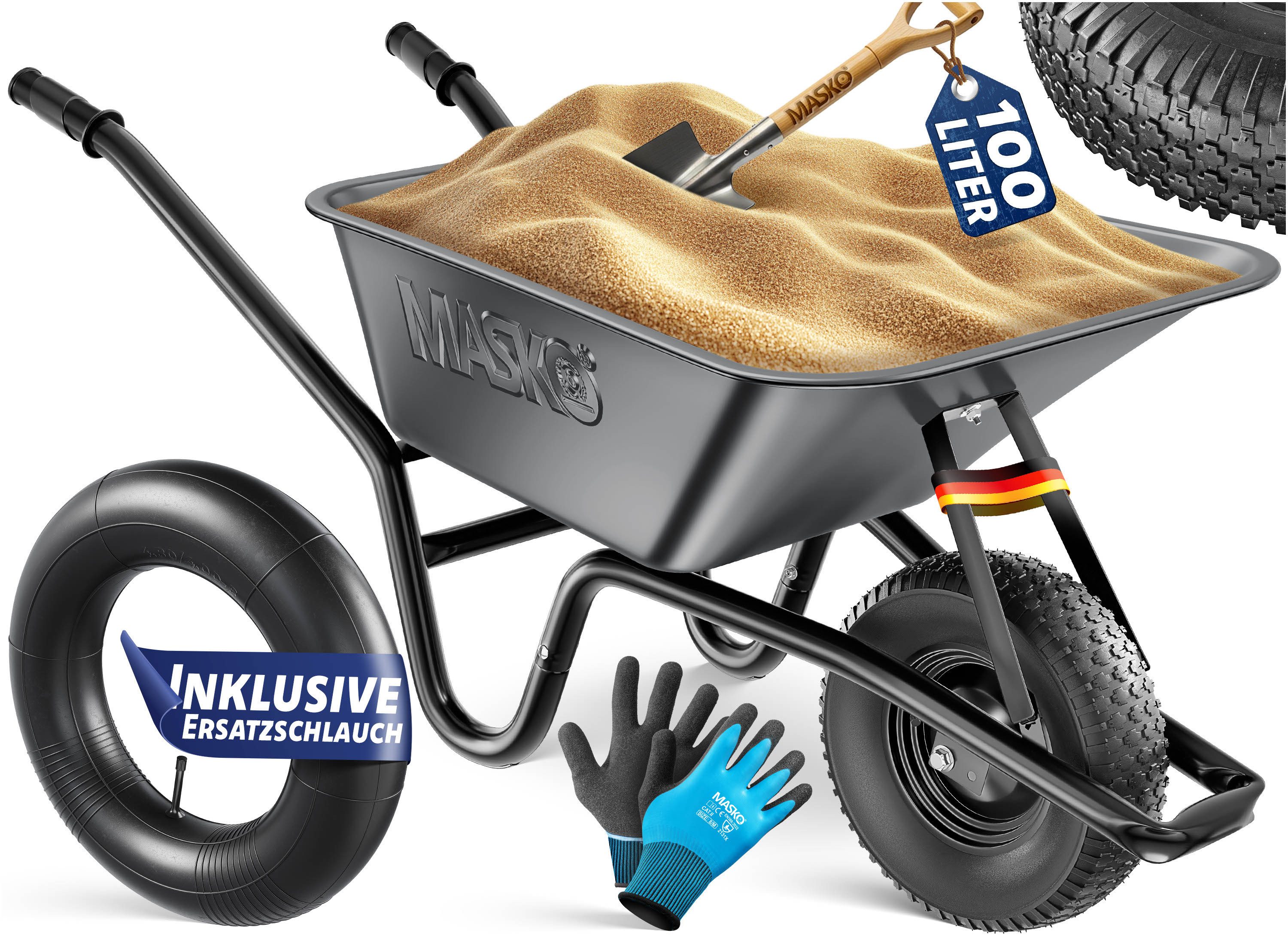 MASKO Schubkarre Bau- und Gartenschubkarre 100 Liter, mit Luftreifen und Stahlfelgen sowie einen Ersatzschlauch