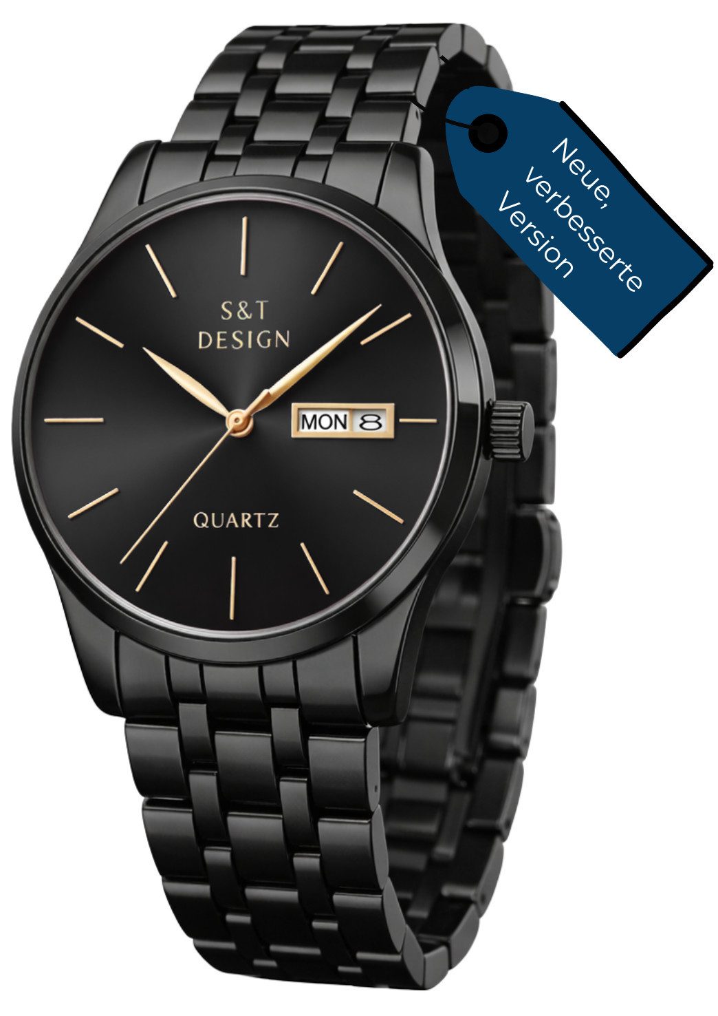S&T Design Quarzuhr Herren Uhr Edelstahl Armbanduhr Herrenuhr V2, (Packung, inkl. Armbandkürzer & Uhrendose), Verbesserte Version Männer Uhr Schwarz Datum Wasserdicht 3Bar