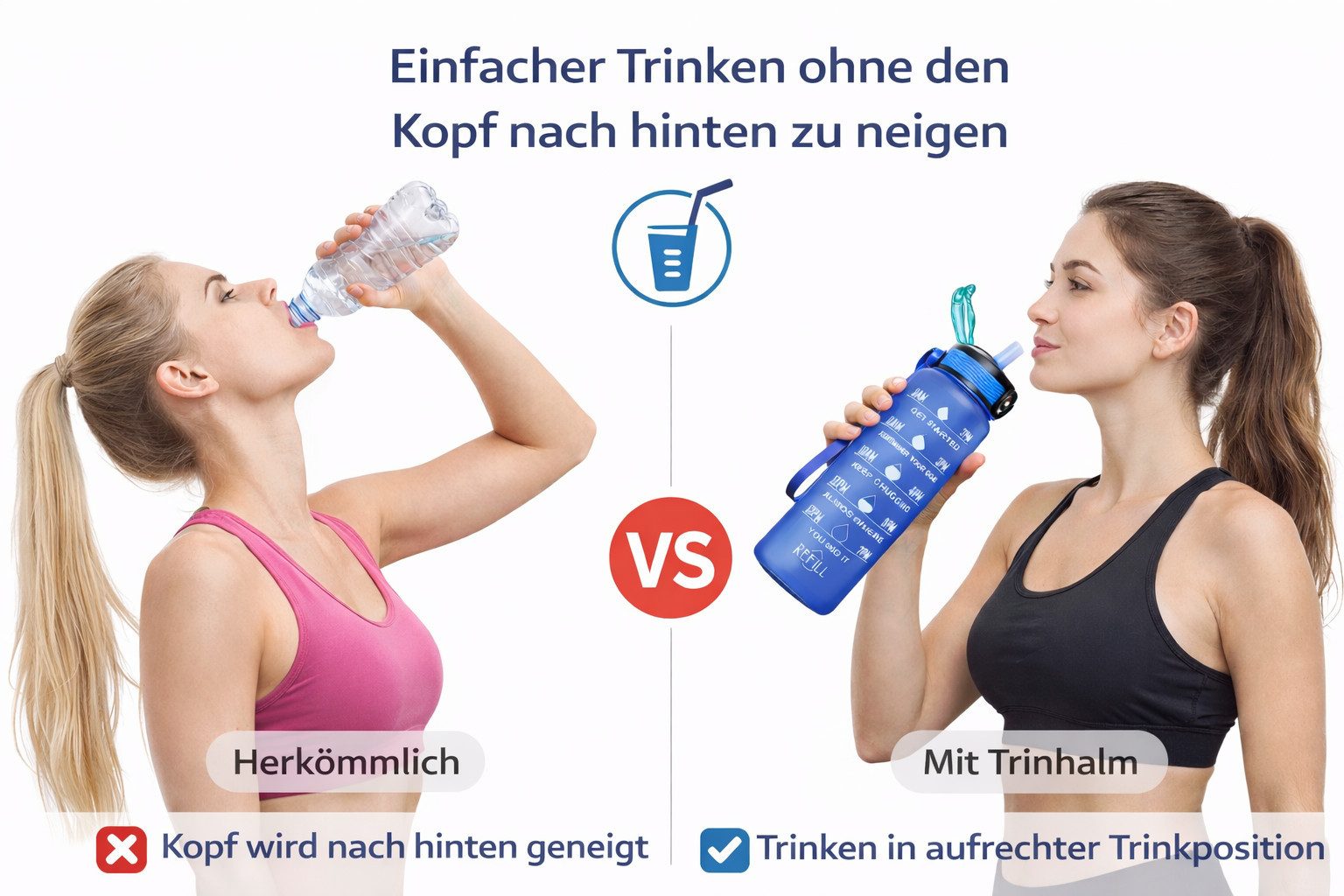 Botells Trinkflasche Sport Trinkflasche, Motivation, Wasserflasche + Strohhalm & Shakerball, Trinke während deiner Aktivität, leicht, auslaufsicher, motivierend