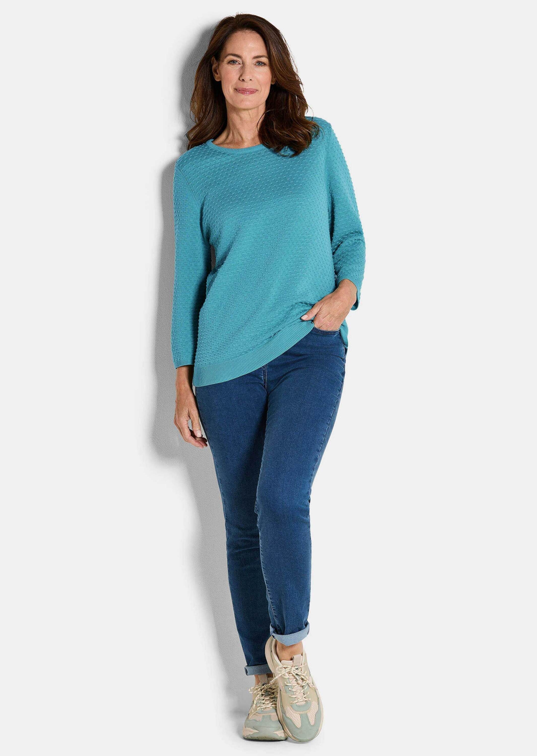 GOLDNER Strickpullover Kurzgröße: Halbarm Baumwollpullover mit Struktur Elegantes Strickoberteil mit Rundhals-Ausschnitt und 3/4-Ärmel