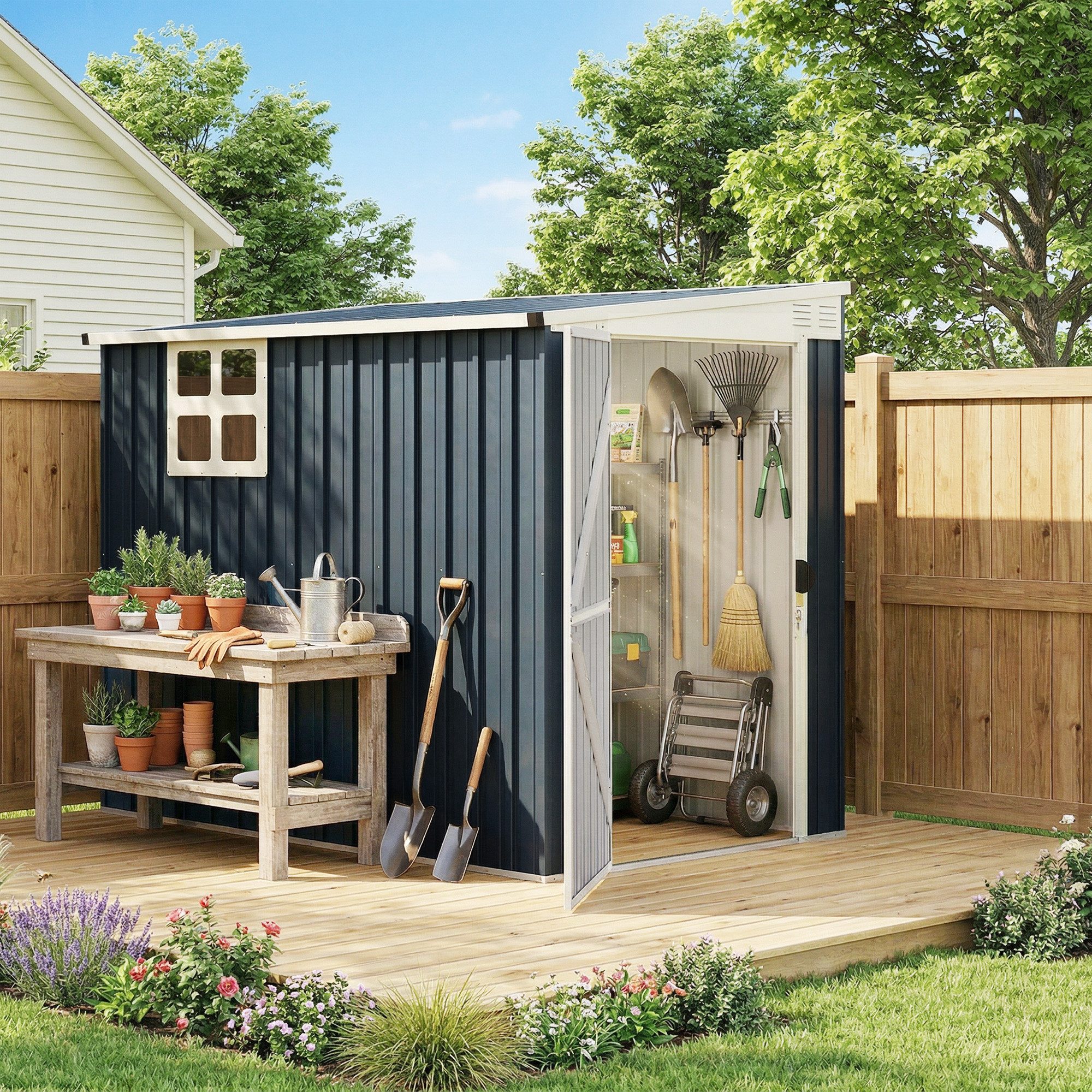 Outsunny Gerätehaus 2,7m², mit Pultdach, Fenster, abschließbarer Tür, BxT: 128x231 cm, (wetterfest Gartenschuppen, 1 St., Metall Geräteschuppen), Outdoor Garten Schuppen für Hinterhof, Außenbereich, Dunkelgrau