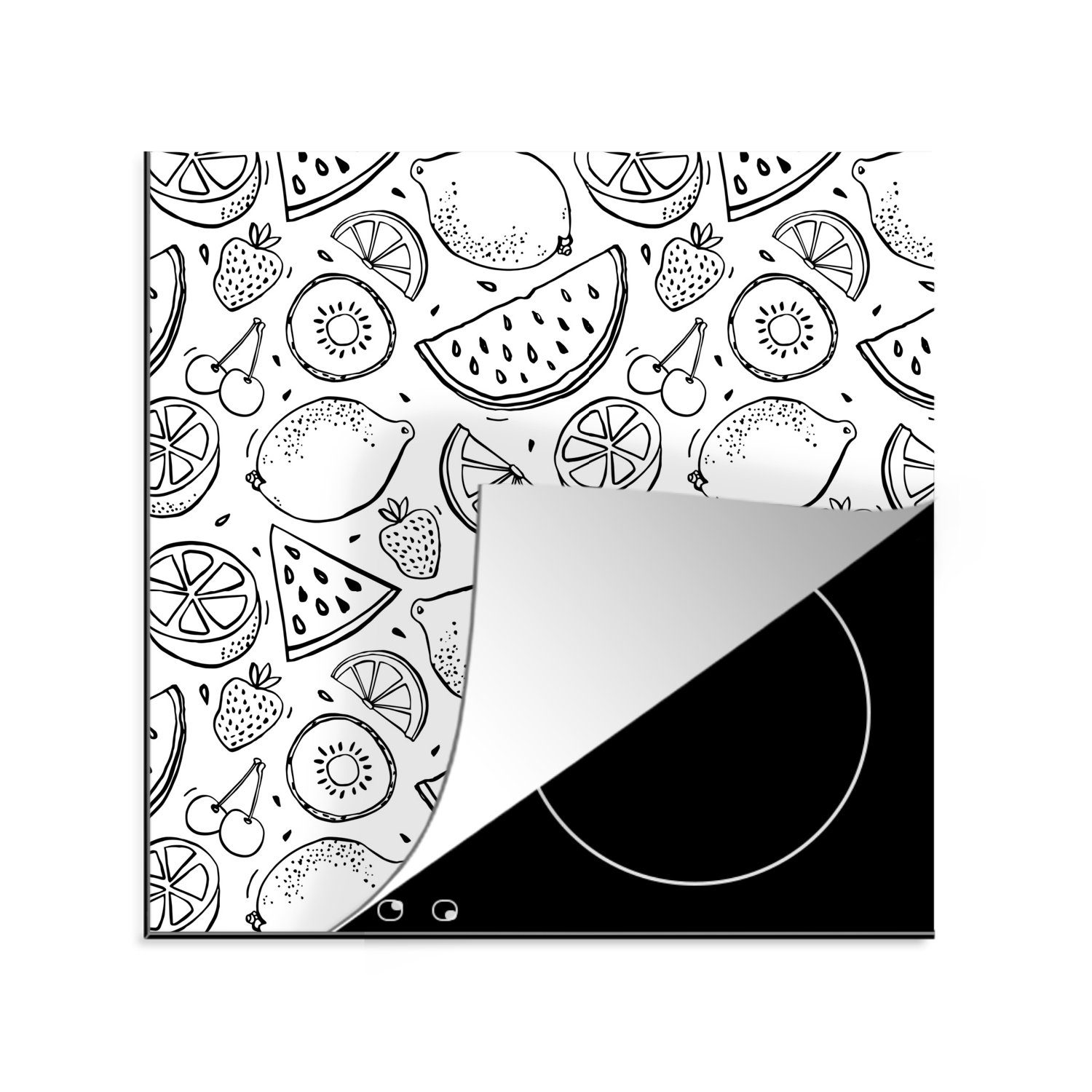 MuchoWow Herdblende-/Abdeckplatte Zitrone - Kirsche - Schwarz - Weiß, Vinyl, (1 tlg), 78x78 cm, Ceranfeldabdeckung, Arbeitsplatte für küche