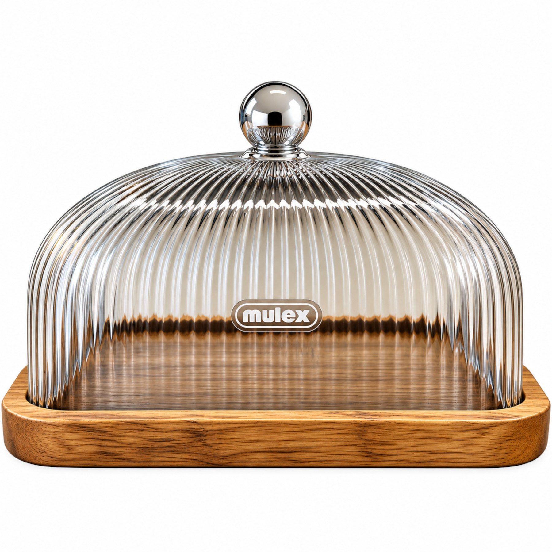 Mulex Butterdose mit Holzbrettchen, Holz und Glas, (geeignet für ein handelsübliches 250-g-Päckchen Butter, 2-tlg., Holzbrettchen, geriffelte Glashaube), nachhaltig & BPA-frei