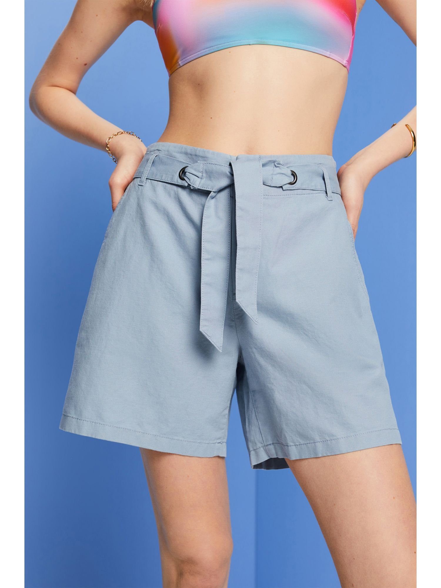 Esprit Shorts Shorts mit Baumwoll-Leinenmix Bindegürtel, LIGHT BLUE LAVENDER (1-tlg)