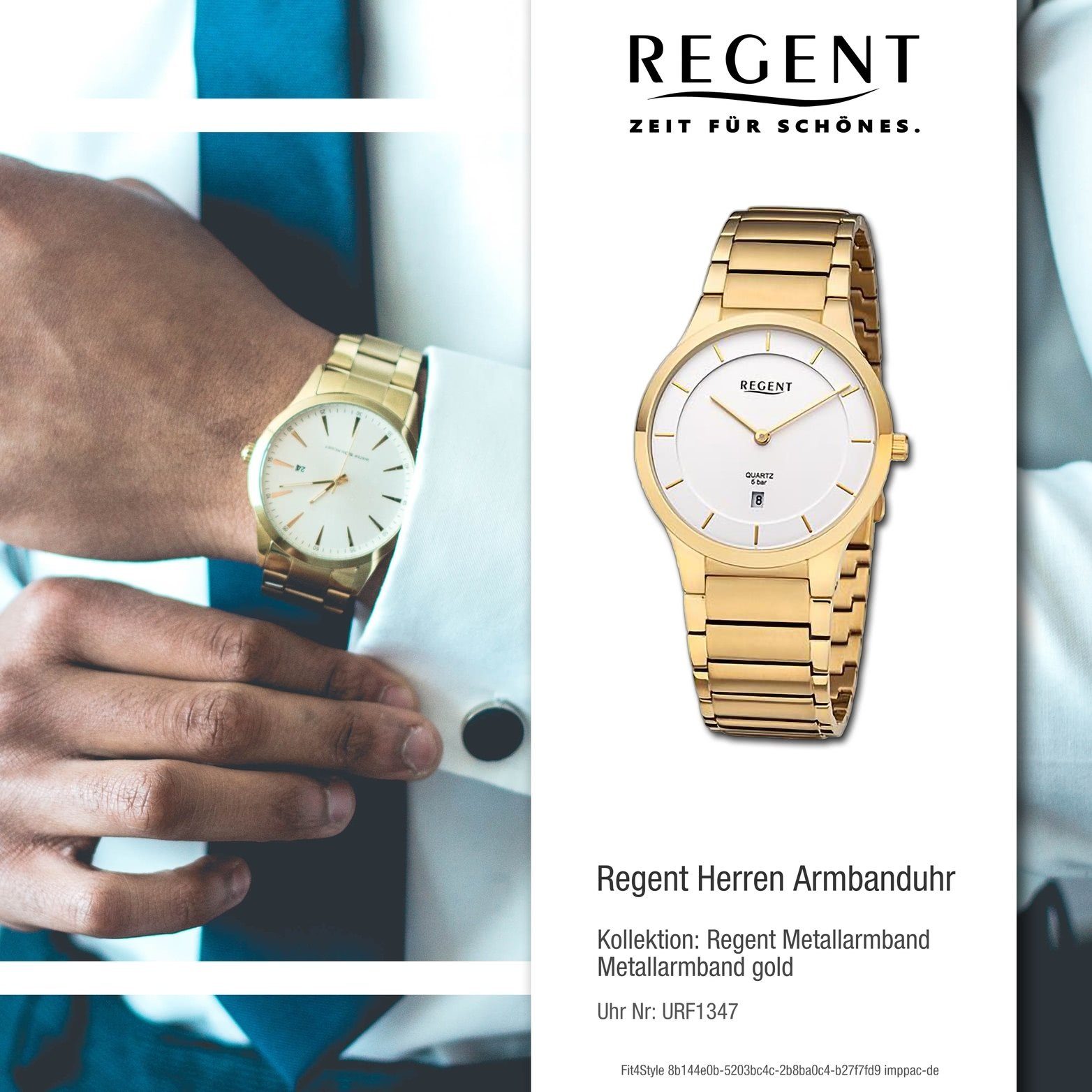 Regent Quarzuhr extra Herren Gehäuse, rundes Armbanduhr gold, Regent (ca. Metallarmband groß Herrenuhr Analog, 38,5mm)