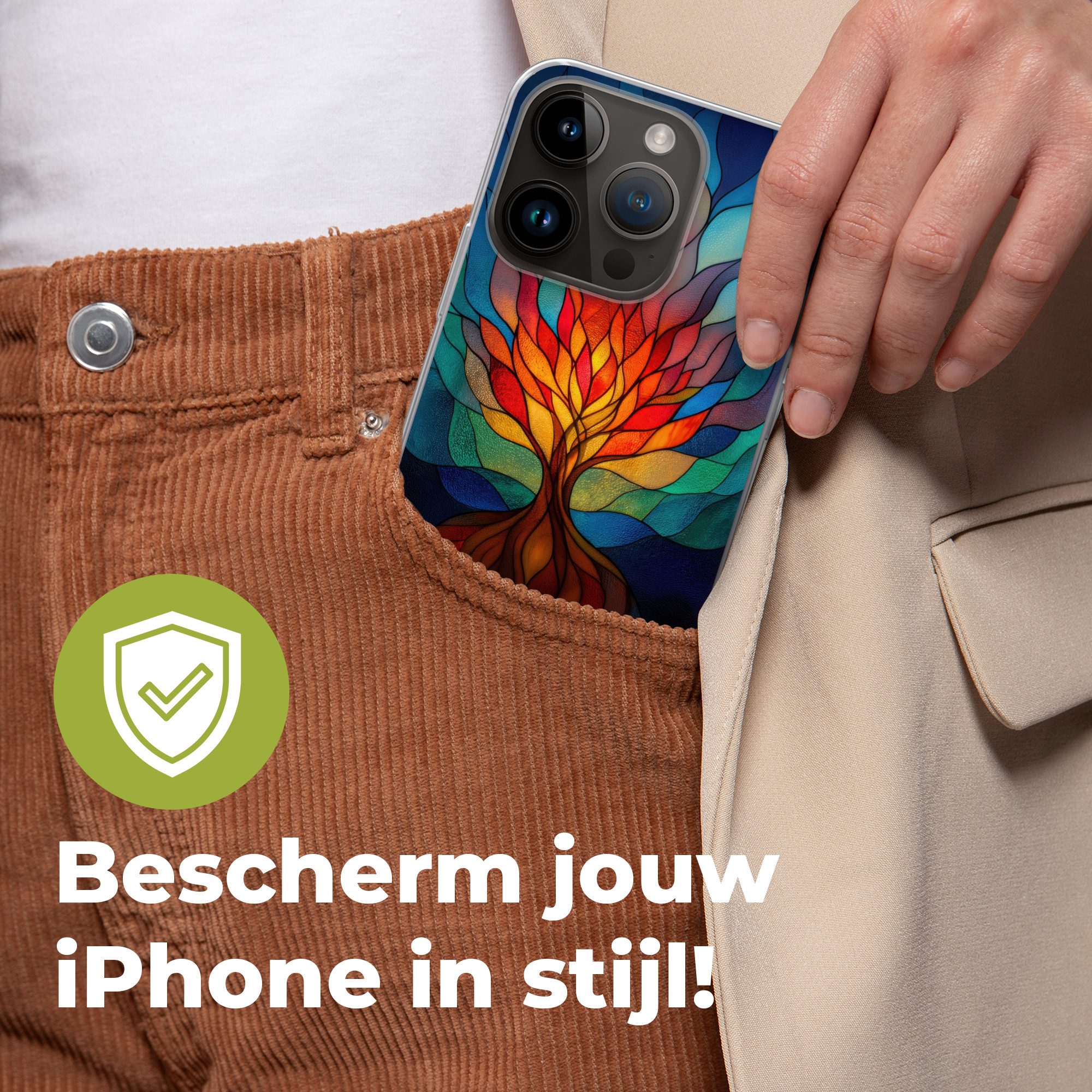MuchoWow Handyhülle für Apple iPhone 14 Pro Ornamentales Glas - Baum - Rot - Wohnungen, Smartphone-Bumper, Print, Handy Schutzhülle Dünn
