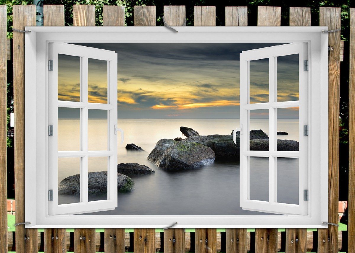 Thumbnail - Wallario Sichtschutzzaunmatten Mystische Felsen im Meer, mit Fenster-Illusion