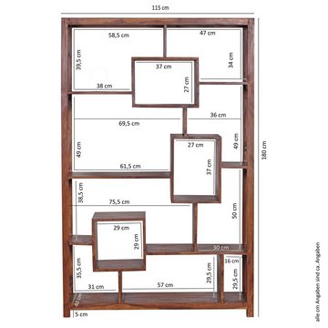 FINEBUY Bücherregal SuVa1166_1, Sheesham Massivholz 115x180x40 cm mit 12 Ablagen, Großes Standregal, Holzregal Natur Rustikal