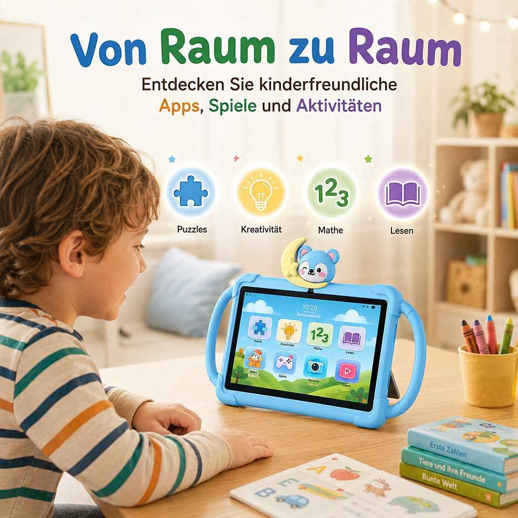 VekfulPC 7" Kindertablet mit abnehmbarer Cartoon-Kopf HD WiFi Tablet (7", 32 GB, 3000 mAh, laute Lautsprecher, Sturz- und spritzwasserfest) – Bild 4 von 5