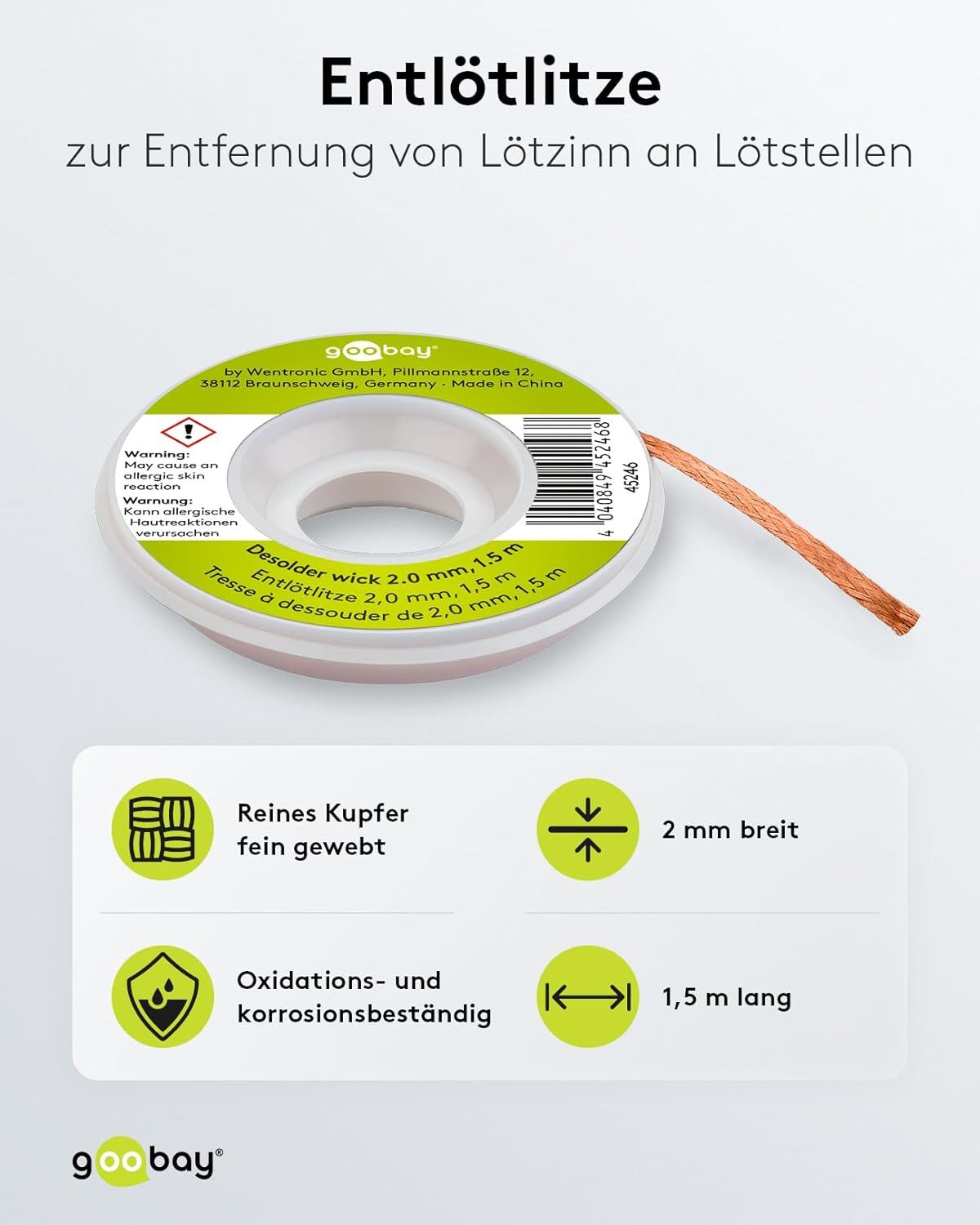 Goobay Goobay 45246 Entlötlitze 2mm reines Kupfer Entlötdraht zur Lötzinn SAT-Kabel
