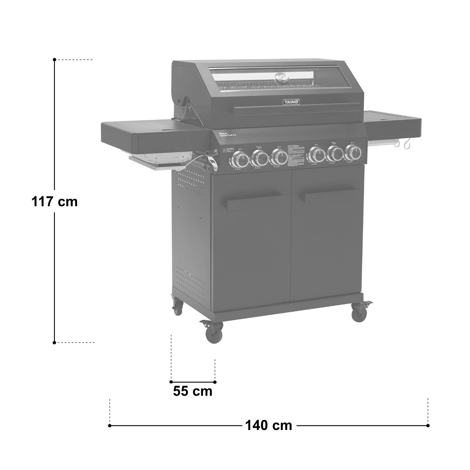 TAINO Gasgrill PLATINUM YAMARA DARK 4+2 + Haube, Spar-Set, Grillwagen, 4 Brenner, Sear-Zone, Heckbrenner, Edelstahl