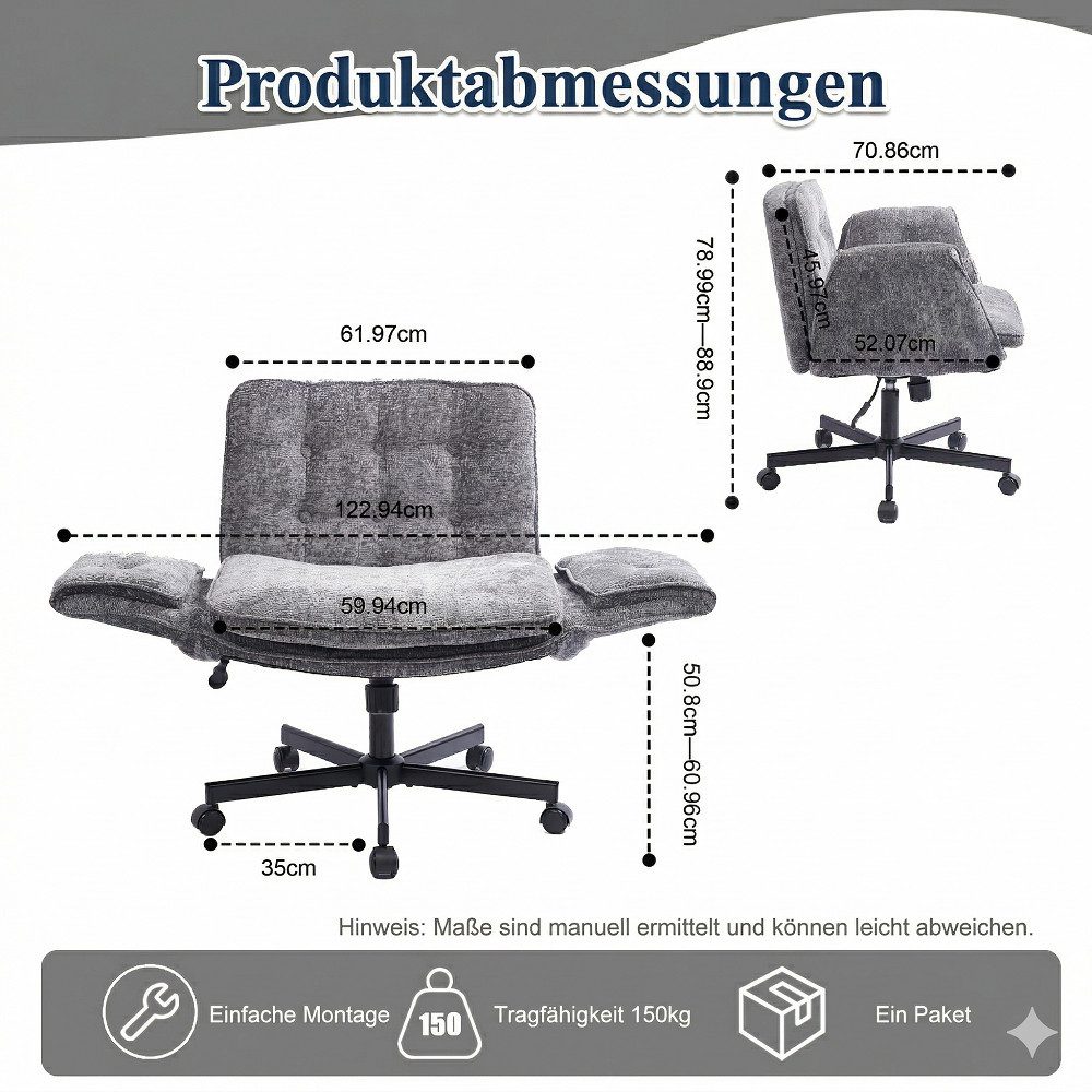 Leawin Drehstuhl Bürostuhl ergonomisch mit breitem Sitz & 5-fach Armlehnen, Schreibtischstuhl mit Chenille-Bezug, Rollen & 150 kg