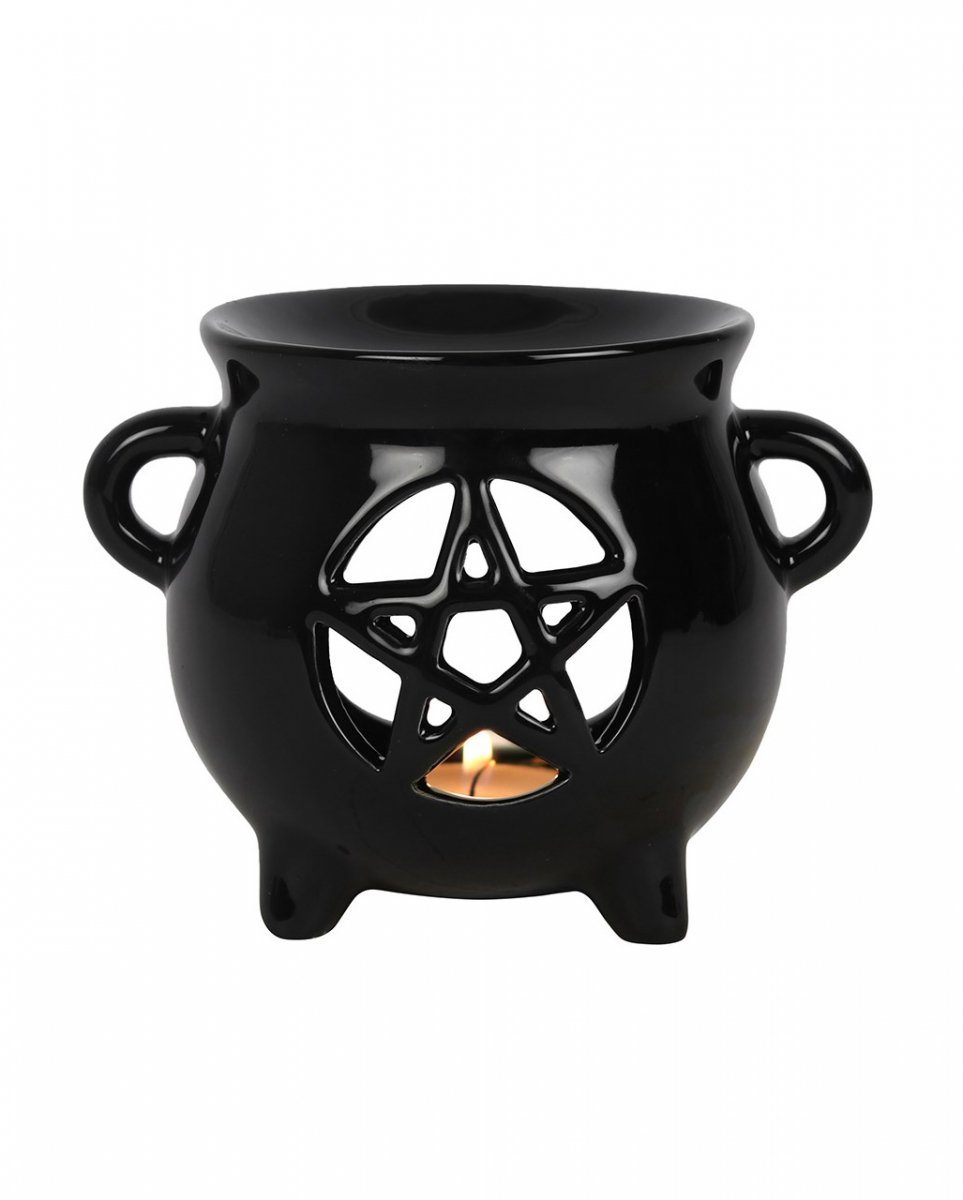 Horror-Shop Kerzenständer Schwarze Duftlampe als Hexenkessel mit Pentagramm