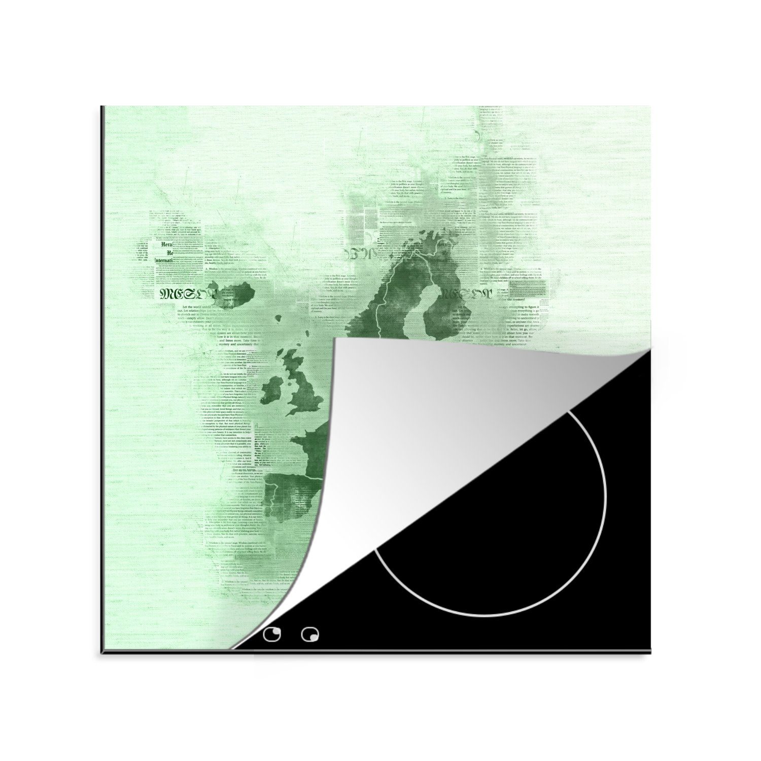 MuchoWow Herdblende-/Abdeckplatte Europa - Karte - Zeitung - Grün, Vinyl, (1 tlg), 78x78 cm, Ceranfeldabdeckung, Arbeitsplatte für küche
