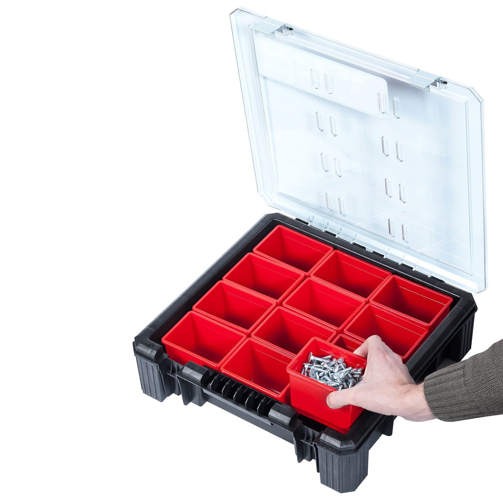 PROREGAL® Werkzeugkoffer Sortierkasten, 12 herausnehmbaren Boxen, HxBxT 11x39x40cm, Schwarz/Rot | Werkzeugkoffer