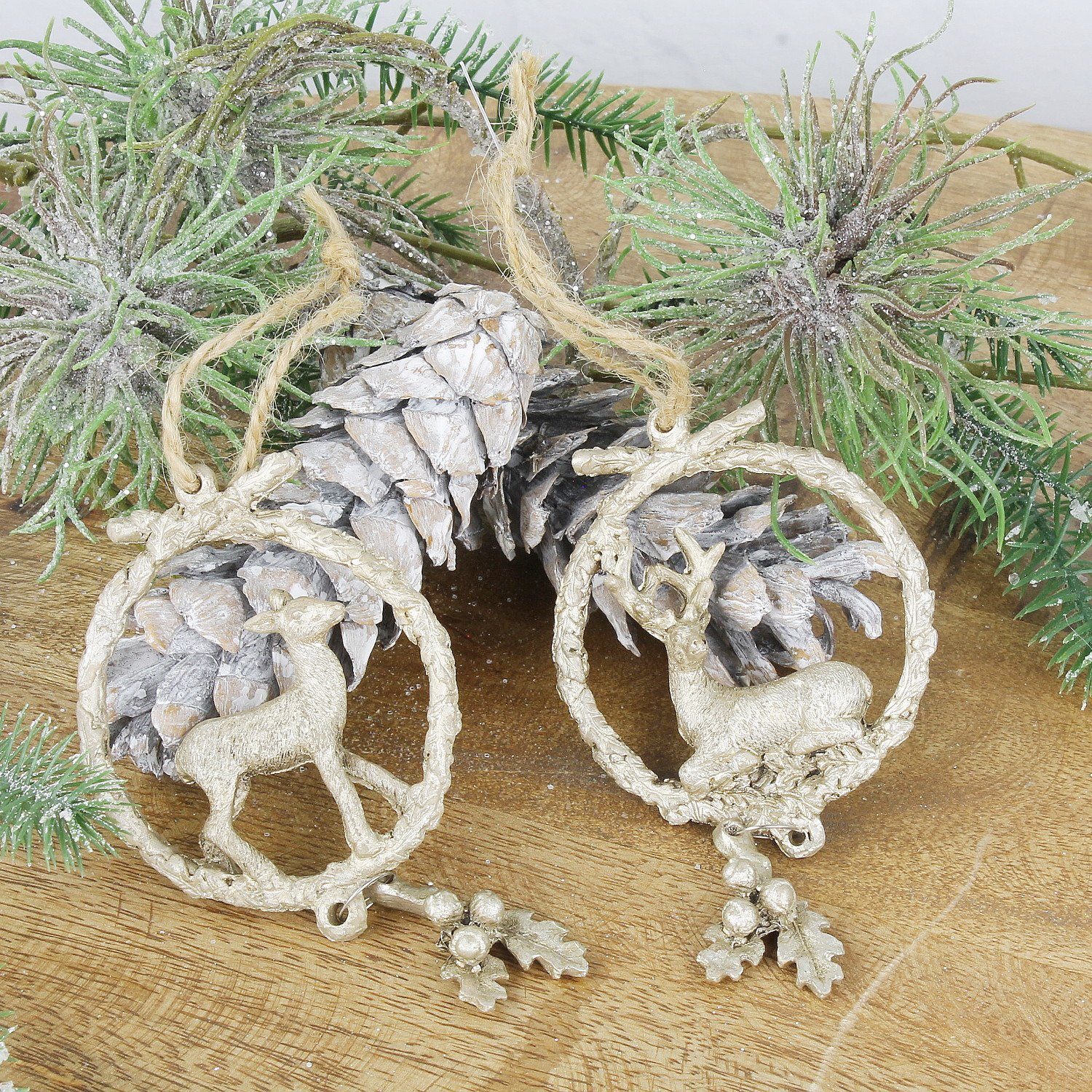 Macosa Home Christbaumschmuck Gold Dekohänger Hängedekoration Weihnachten Rentier Hirsch (2-tlg), Winter Winterdeko Tannenbaumschmuck Christbaum Deko
