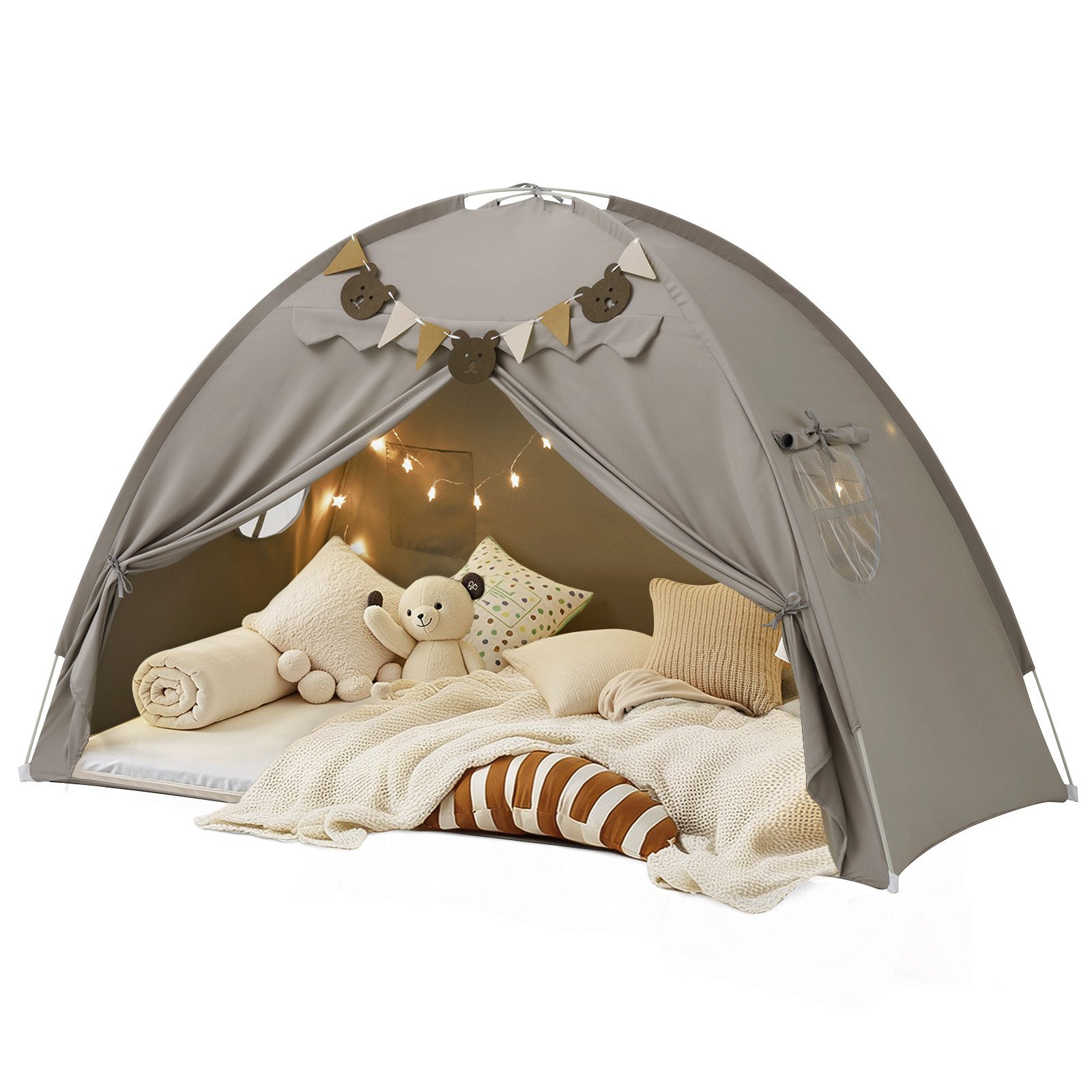 Insma Spielzelt 2 IN 1 Kinder Spielhaus Bettzelt Prinzessin Zelt (Schlosszelt mit Sternen-Lichterkette und Bären-Wimpelkette) 196×124×99cm