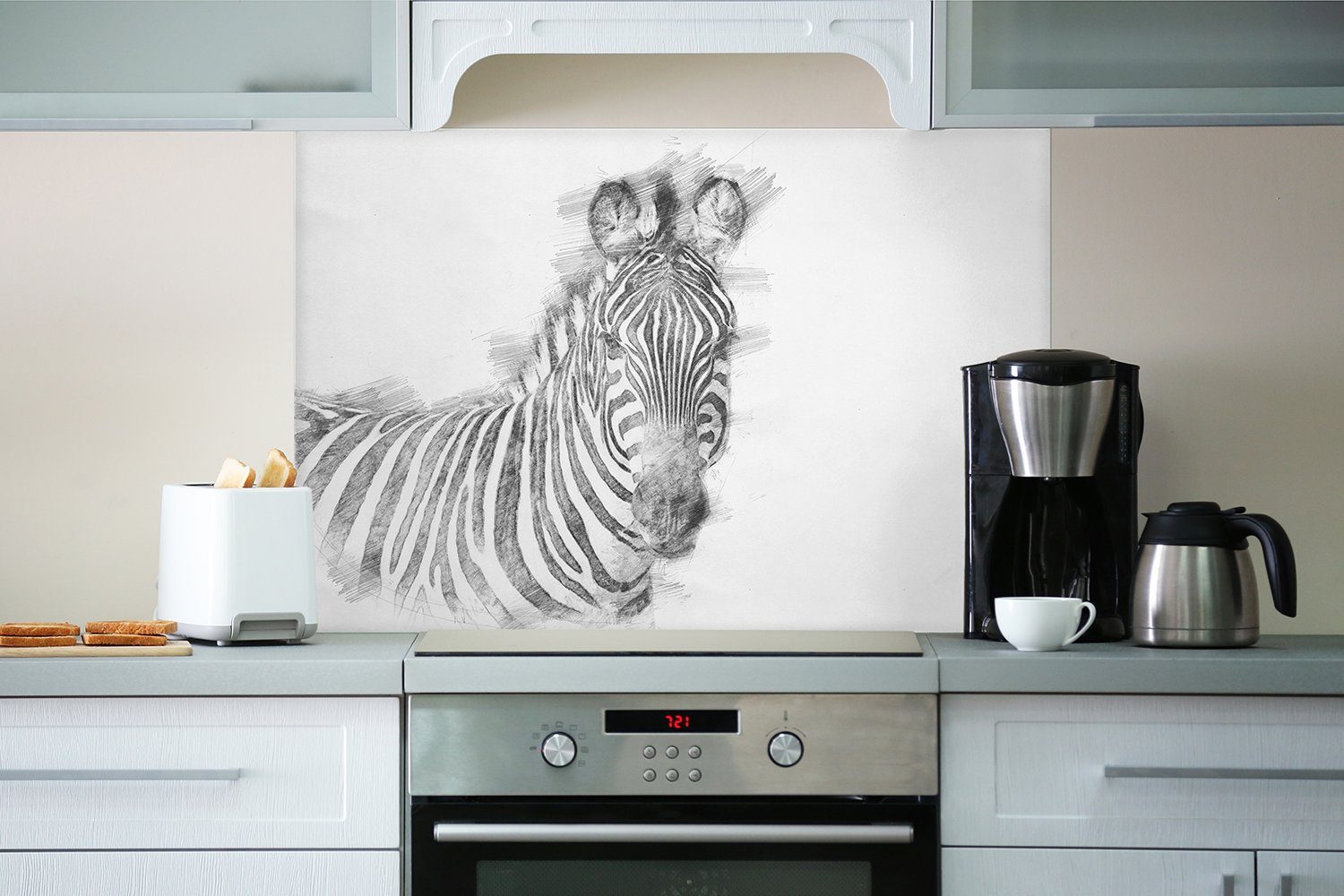 schwarz Bleistift weiß Küchenrückwand in (1-tlg) Wallario - Zeichnung, Zebra