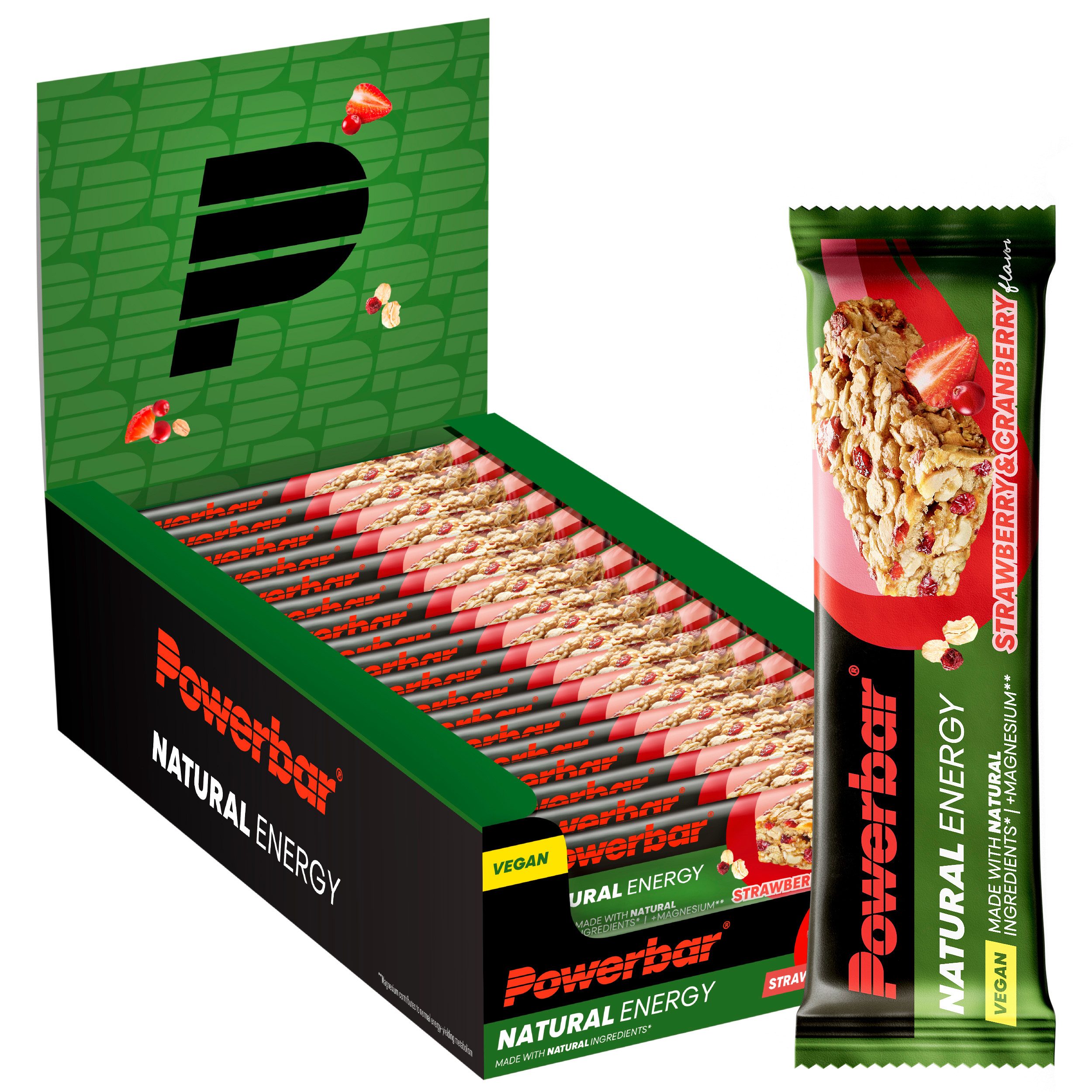 PowerBar Natural Energy Strawberry Cranberry 18x40g veganer Kohlenhydrat Riegel Riegel, 18 er Display à 18 St., Vegan und bis zu 25g Kohlenhydrate pro Riegel