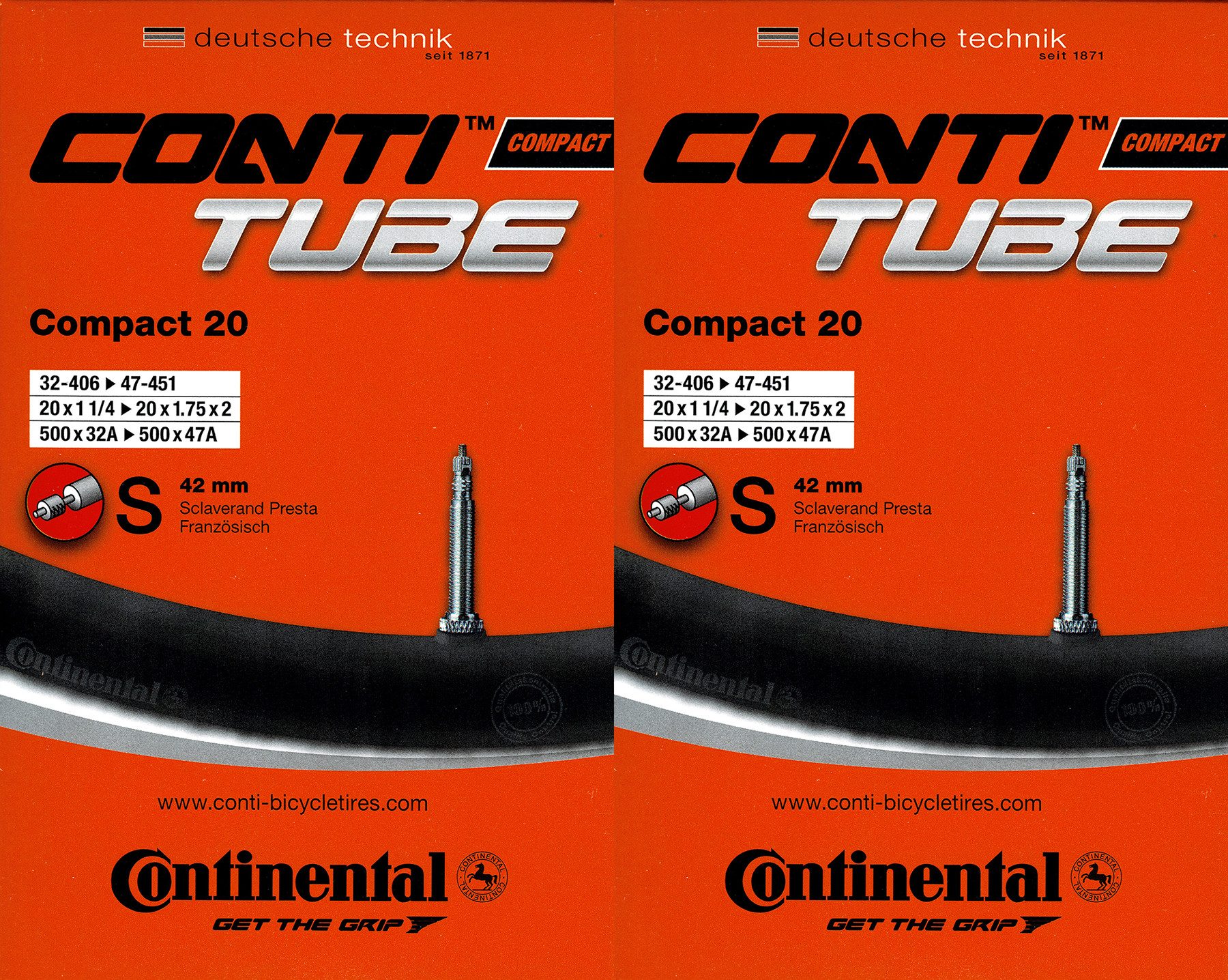 CONTINENTAL Fahrradschlauch 2x Continental Compact 20 Schlauch 20 Zoll SV (32/47-406/451) SV 42mm, 1,50, 1,75, 1,40, 1,60, 2 1/4, 1,25, 1,35, (2-St)