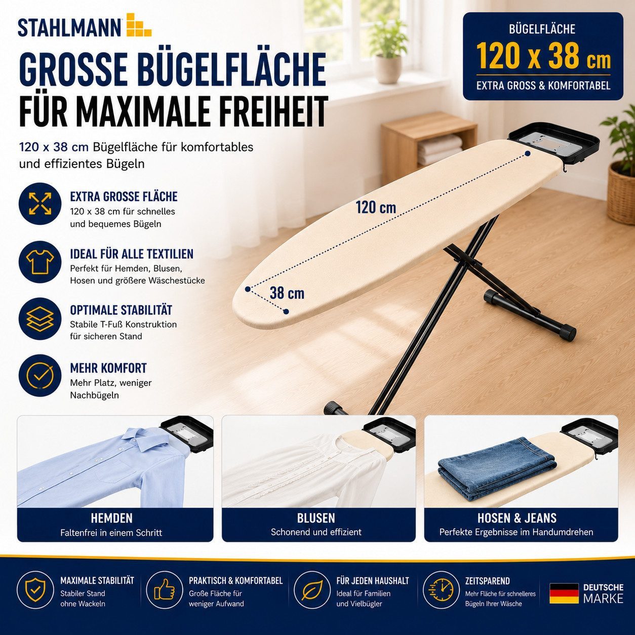 STAHLMANN COMMERCE GmbH Bügelbrett Scorpio Oval [120 × 38 cm], Made in EU, TestCheck 1,1, Mesh, Bügelfläche 120x45 cm, Made in EU · Oval · TestCheck 1,1 SEHR GUT