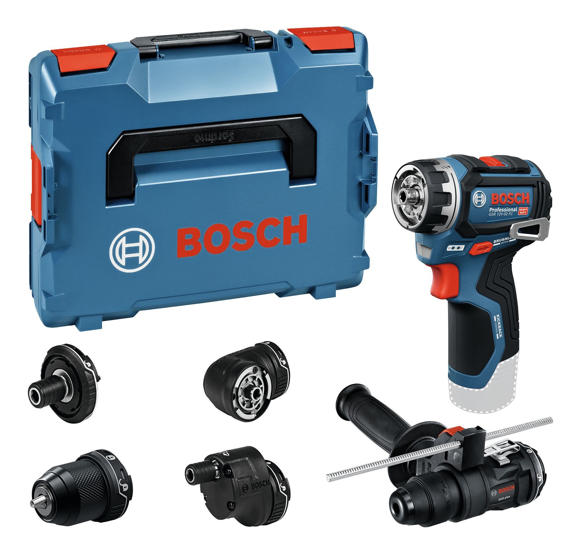 BOSCH Akku-Bohrschrauber GSR 12V-32 FC, 12 V, Ohne Akku m. diverse Aufsätze, Zusatzhandgriff & Tiefenanschlag