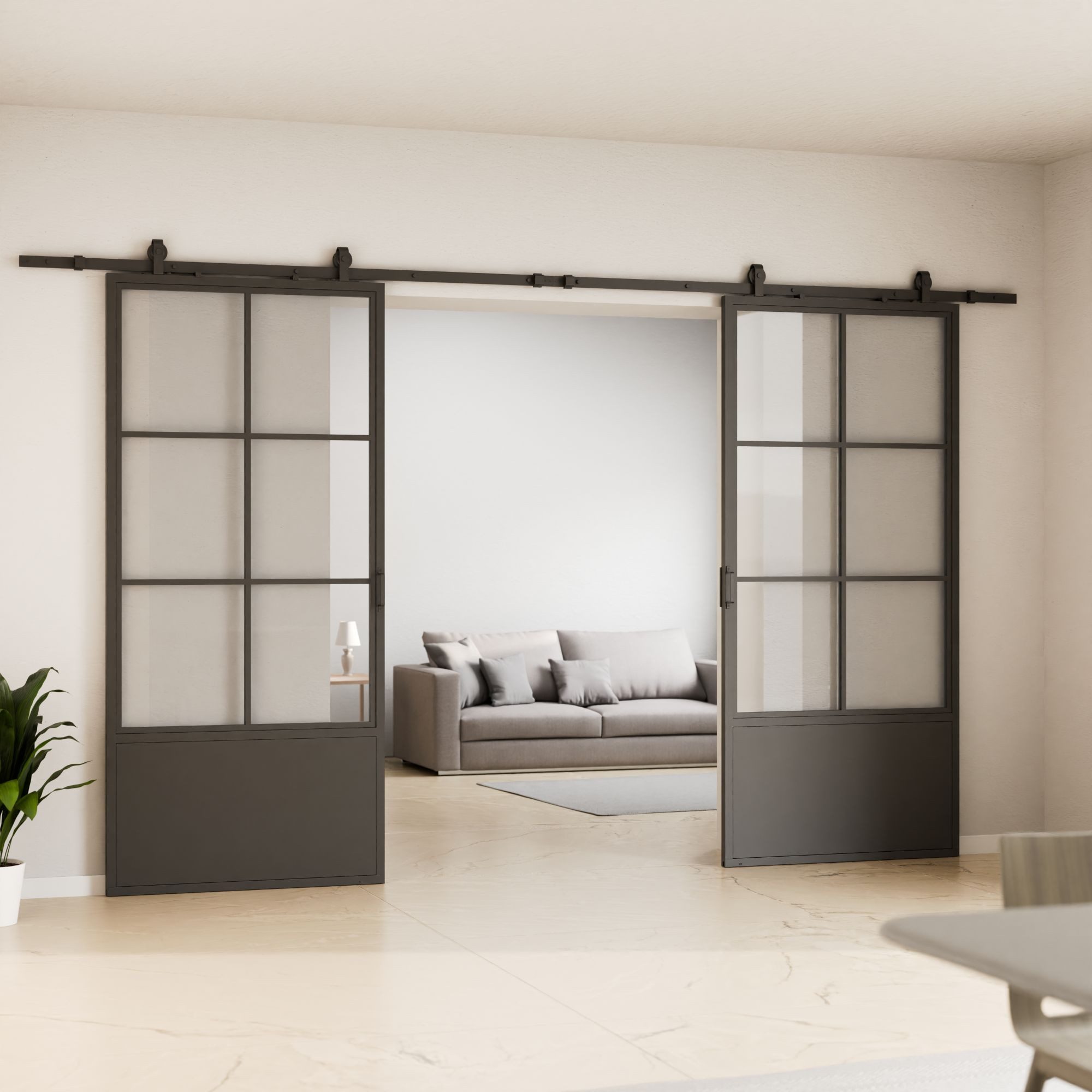 inova wohnen Doppelschiebetür Stahltür Schwarz mit Klarglas Einsatz, Größenauswahl (Komplett Set, inkl. offener Laufschiene und Bügelgriff), beidseitiger Softclose, Loftstyle