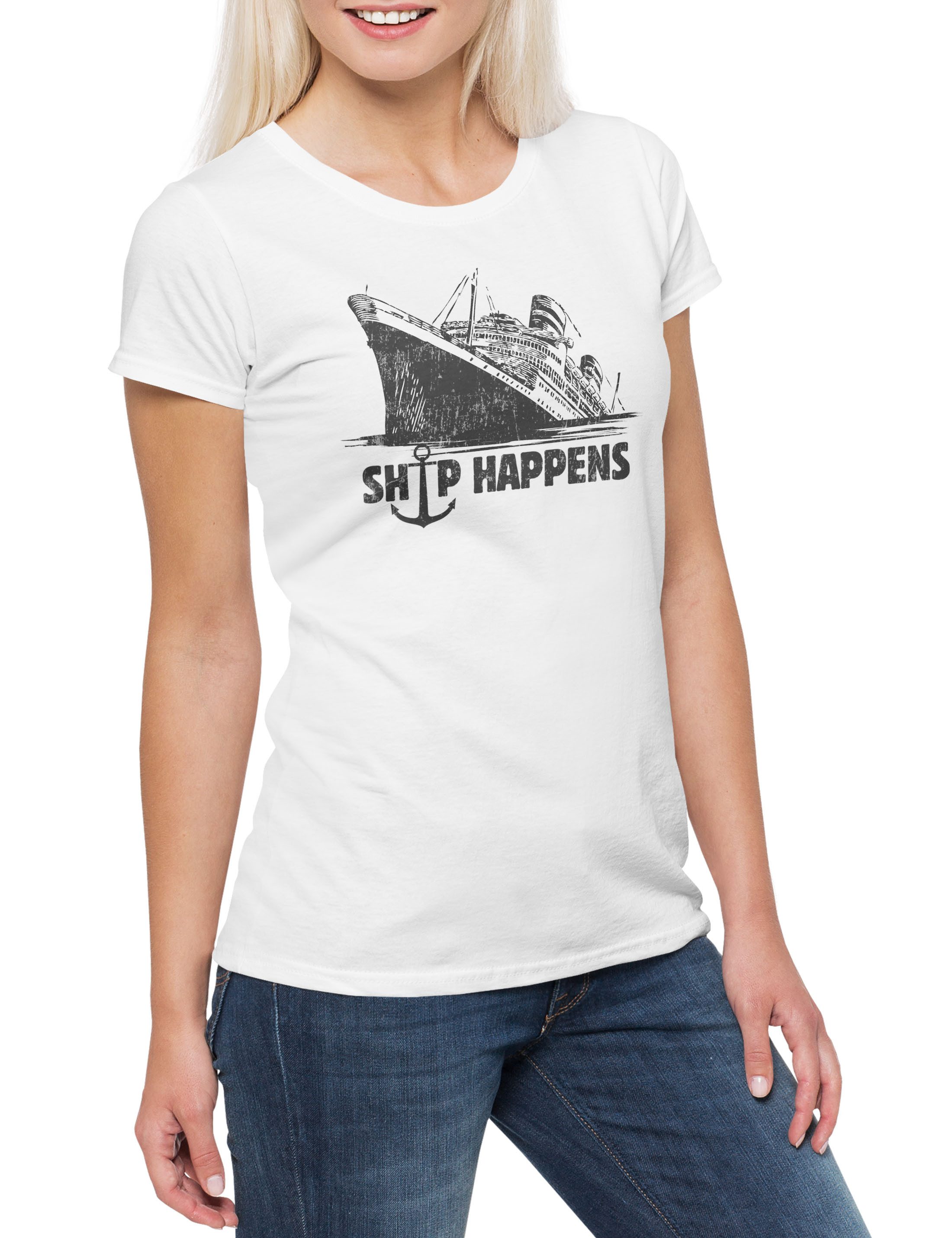 Urban Backwoods Print-Shirt Ship Happens Damen T-Shirt Sailor Segler Schiff Boat Segeln Fahren (1-tlg) Skipper Segelboot Sailboat Sail