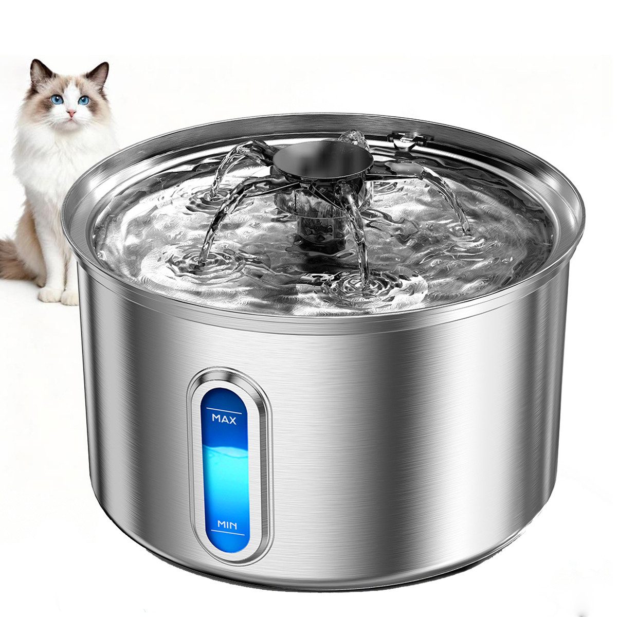 AeroAxis Trinkbrunnen Katzenbrunnen Edelstahl mit LED-Licht, 3,2L, Ultra-Leise 32 dB 3.2 l, wasserbrunnen und Aktivkohle, 4-stufige Filtration, für cat Katzen