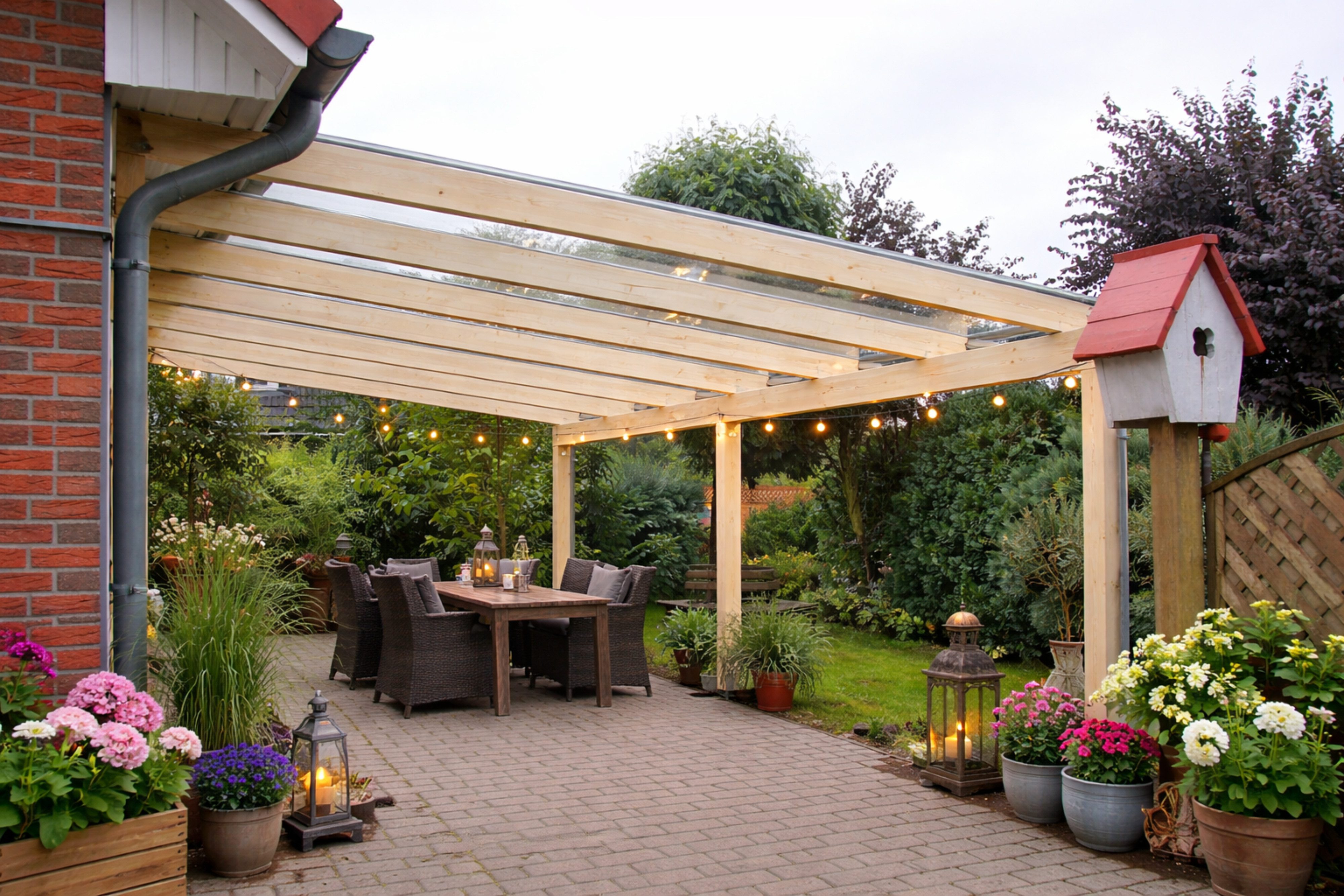 DREKU Terrassendach Leimholz Terrassendach mit 8 mm VSG-Glas und H-Anker, BxT: 300x300 cm, Bedachung 8 mm VSG-Glas, Bausatz zur Selbstmontage