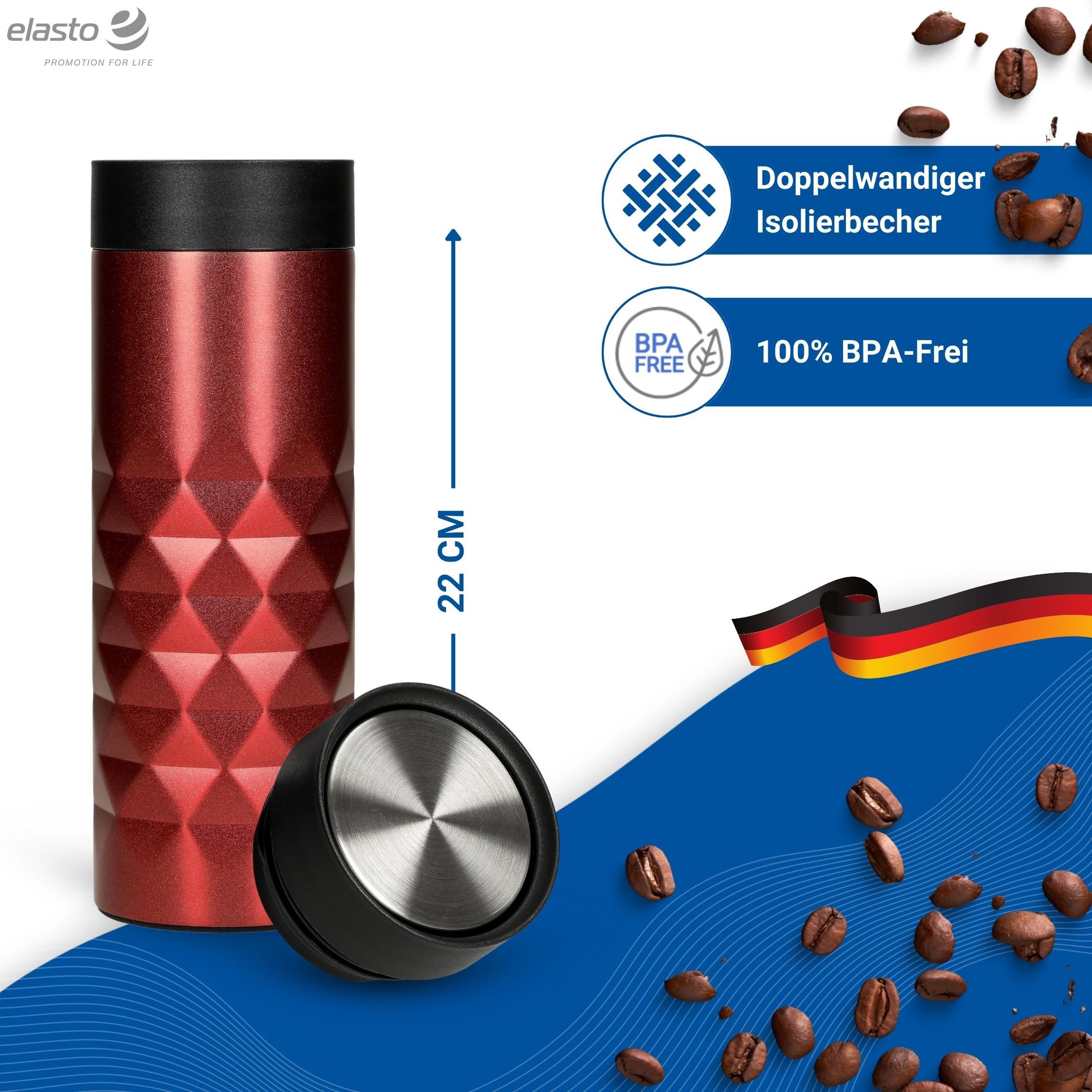 elasto Coffee-to-go-Becher Diamond 360 auslaufsicherer Thermobecher 450 ml, Kaffeebecher to go, Doppelwand, Leicht, Robust, 360 Grad Deckel