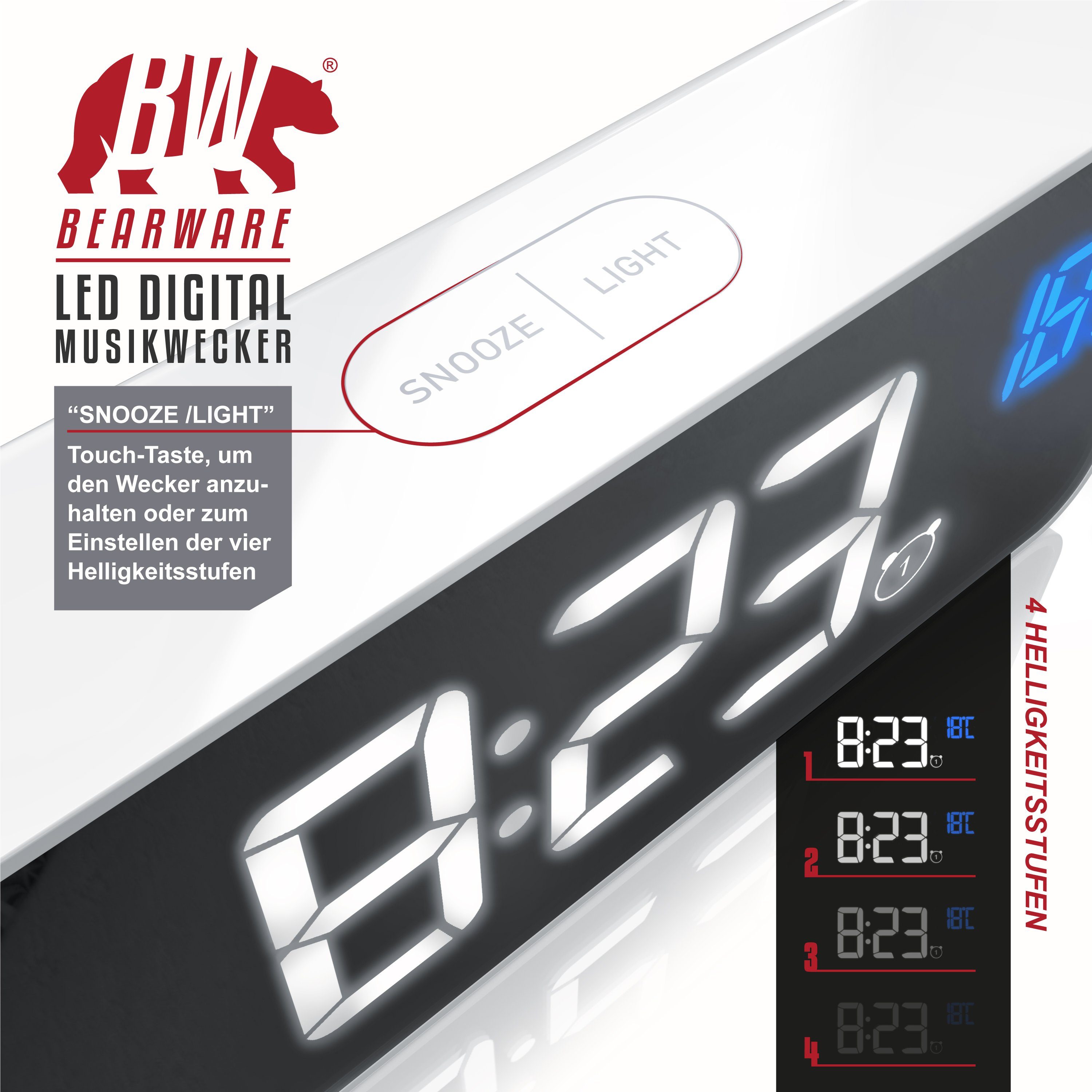 BEARWARE Wecker mit Netzteil & Akku, Musikwecker, Reisewecker mit Temperaturanzeige 13 Songs & Klingeltöne, 2 Alarme, Schlummerfunktion, dimmbar, 2200 mAh