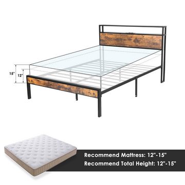 LETGOSPT Bettgestell Bettrahmen 200 X 140 cm, Bett Metall Doppel Metallbett Bettgestell, mit Kopfteil und Lattenrost, mit AC220-240V Steckdose