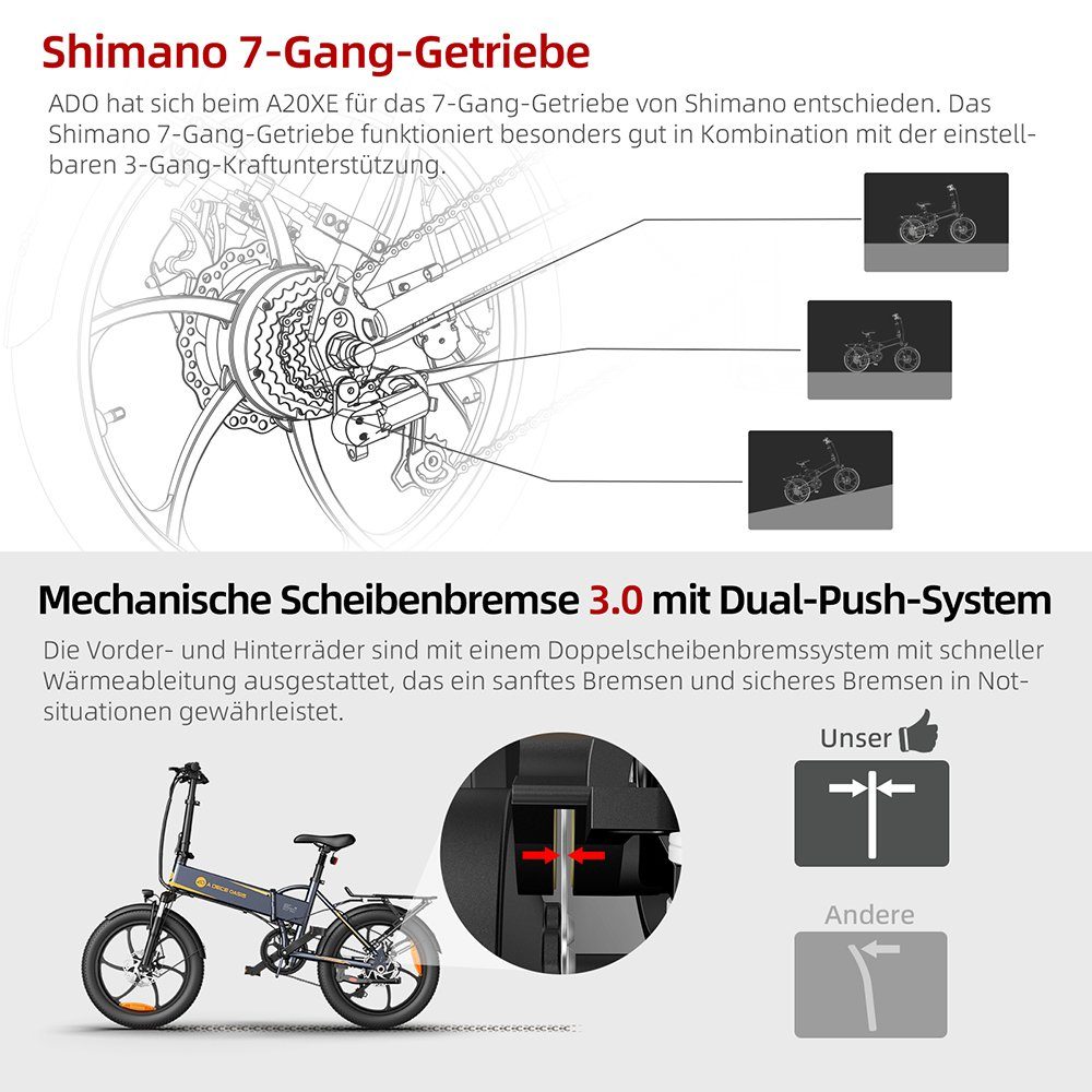 ADO E-Bike Pedelec Heckmotor Kettenschaltung, und W, Gepäckträger Gang shimano, E-Bike, 7 Weiß Schutzblechen Shimano, 250,00 Mit