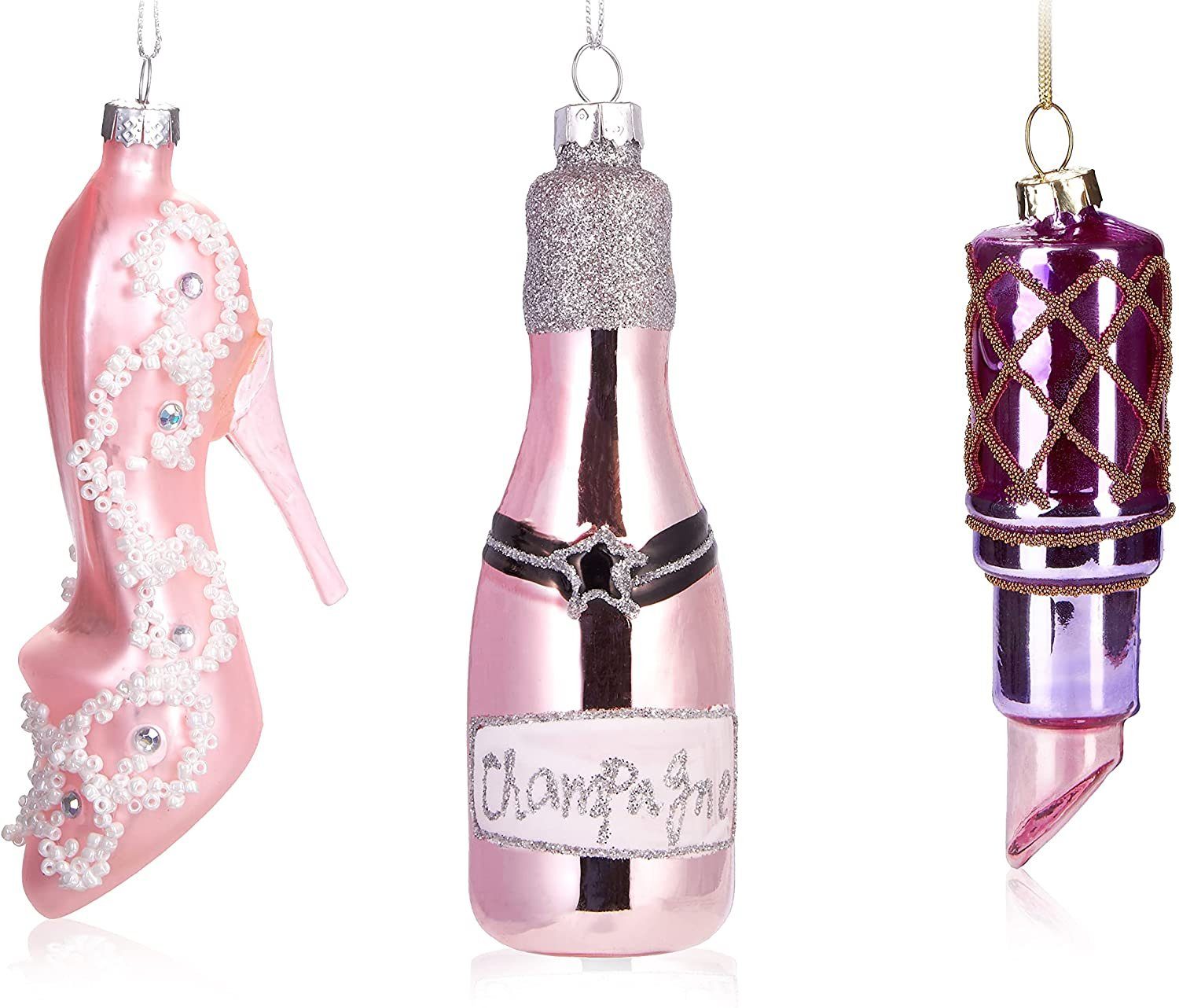 BRUBAKER Christbaumschmuck 3-teiliges Baumkugel Set für Frauen (3-tlg), Handbemalte Weihnachtskugeln High Heel, Lippenstift, Champagner Flasche Rosé - Mundgeblasener Christbaumschmuck aus Glas - Damen Baumschmuck Lustig Rosa