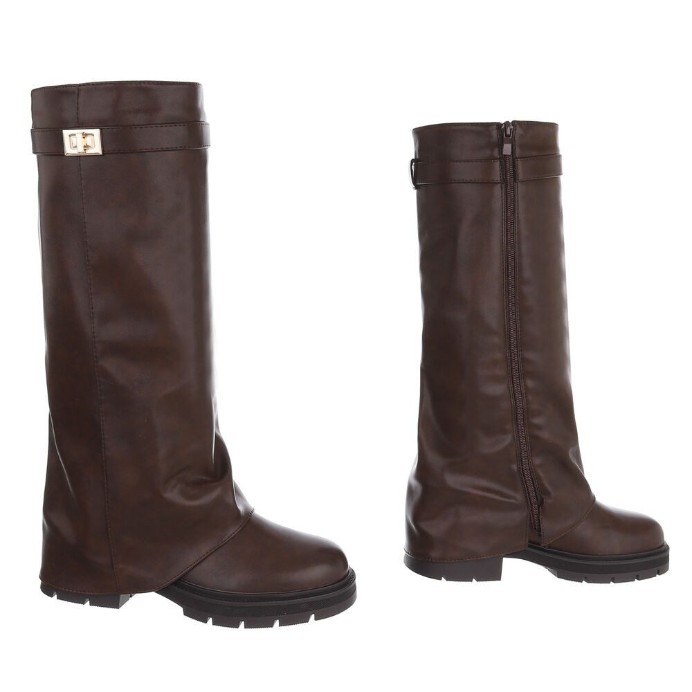 Ital-Design Damen Kniehoher Stiefel mit Profilsohle und Detail Plateaustiefel (91977444) Blockabsatz Stiefel in Braun – Bild 4 von 5