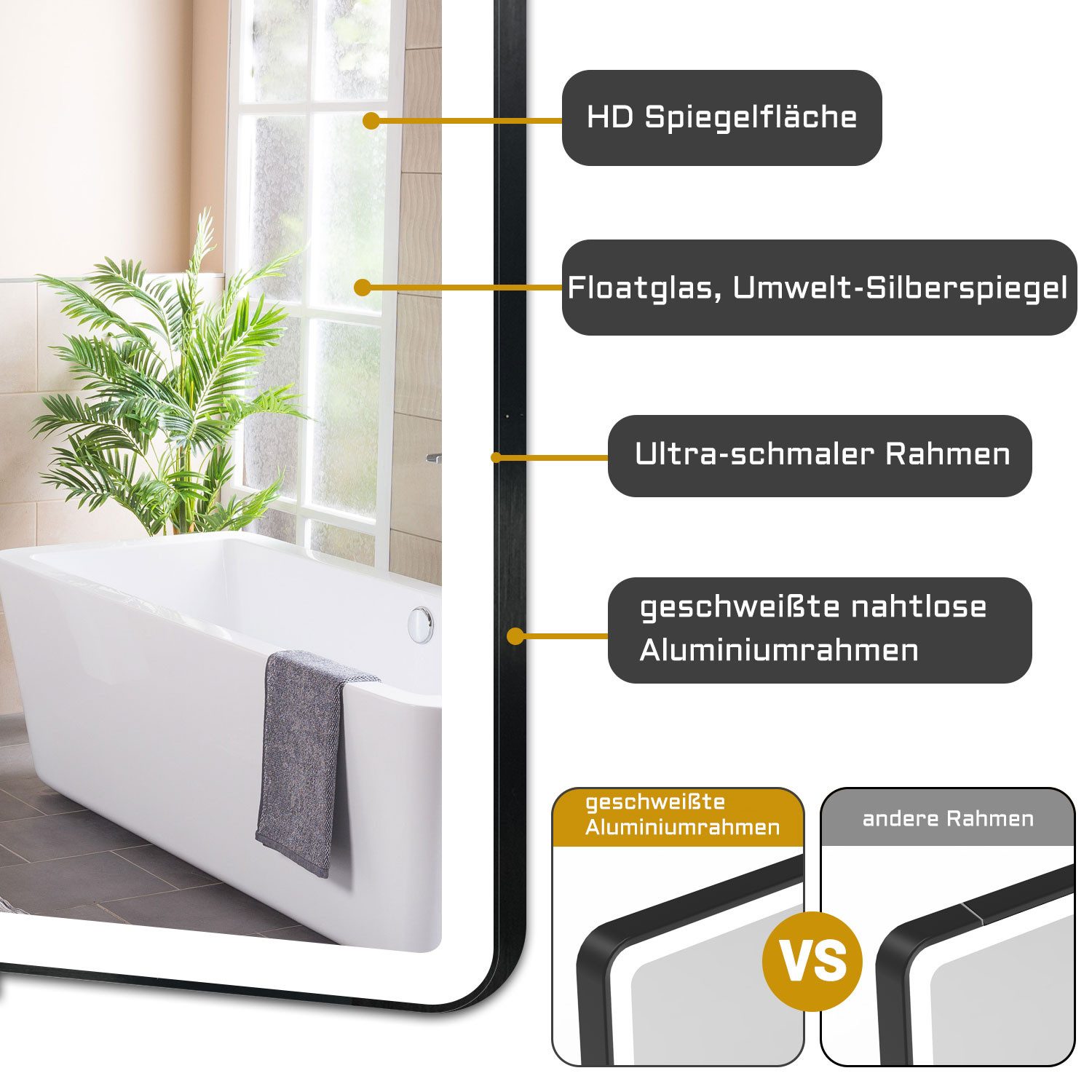 duschspa Badspiegel LED Spiegel mit Rahmen Schwarz Wandspiegel mit Beleuchtung 50-120cm, Kalt/Warm/Neutralweiß, dimmbar, Touch/Wandschalter, Memory – Bild 3 von 5