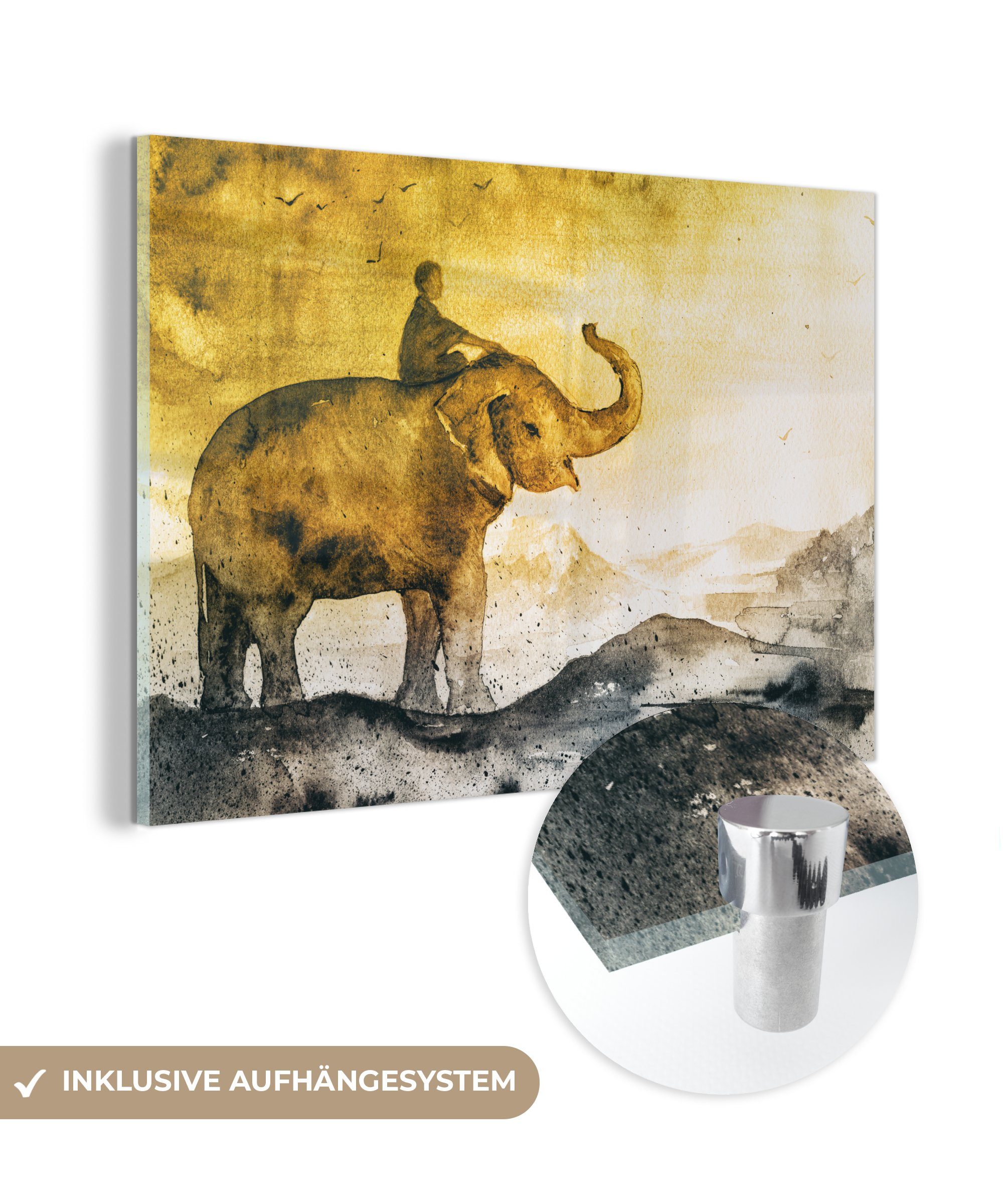 Wanddekoration - - Glas Wandbild - Acrylglasbild auf Foto MuchoWow auf (1 St), - - Aquarell, Glas - Elefant Bilder Glasbilder Berg Kind