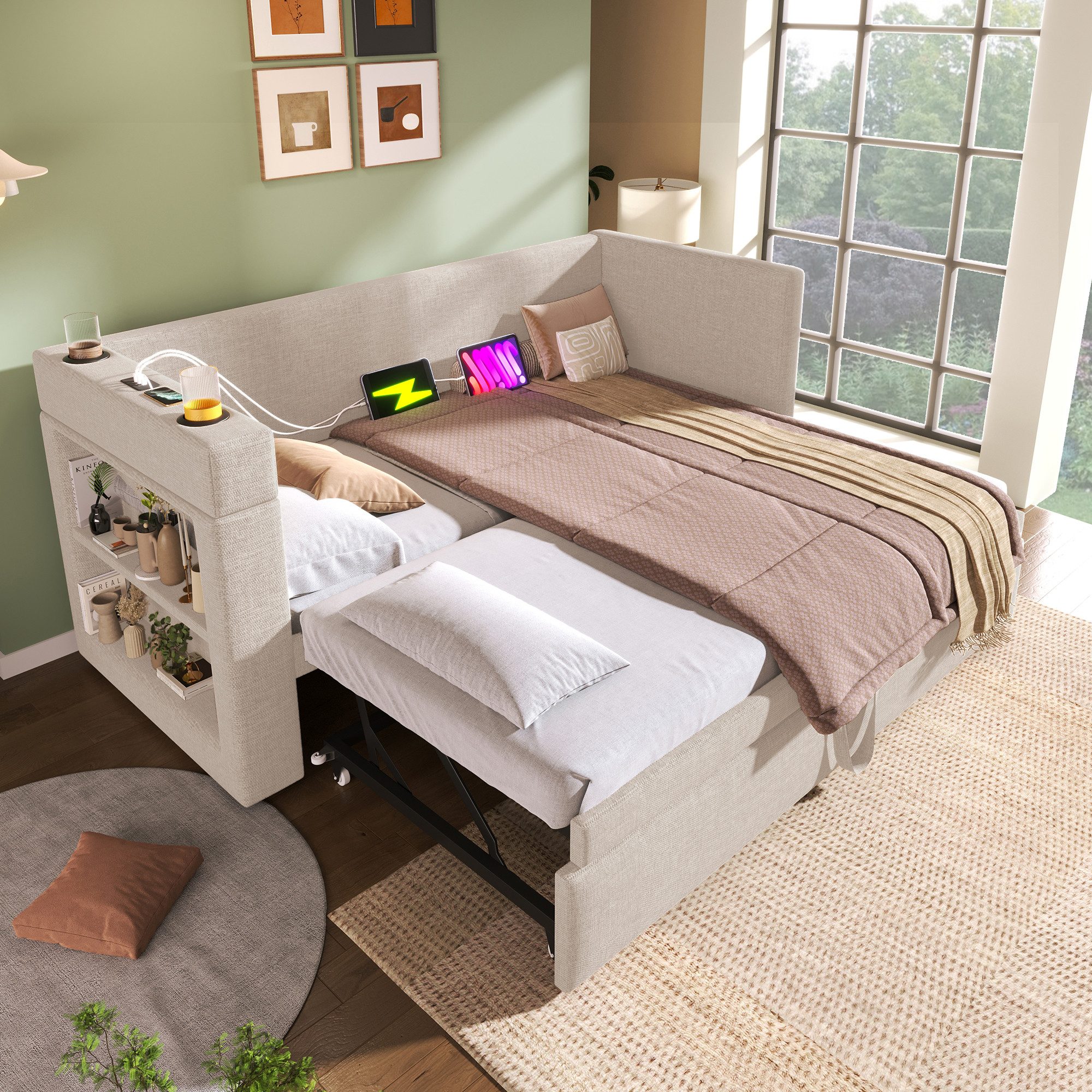 Ulife Daybett Einzelbett Schlafsofa mit Ausziehbett, 90x190cm + 90x190cm (1 tlg), Armlehnen mit USB- & Type-C-Ladeanschluss, Getränkehalter