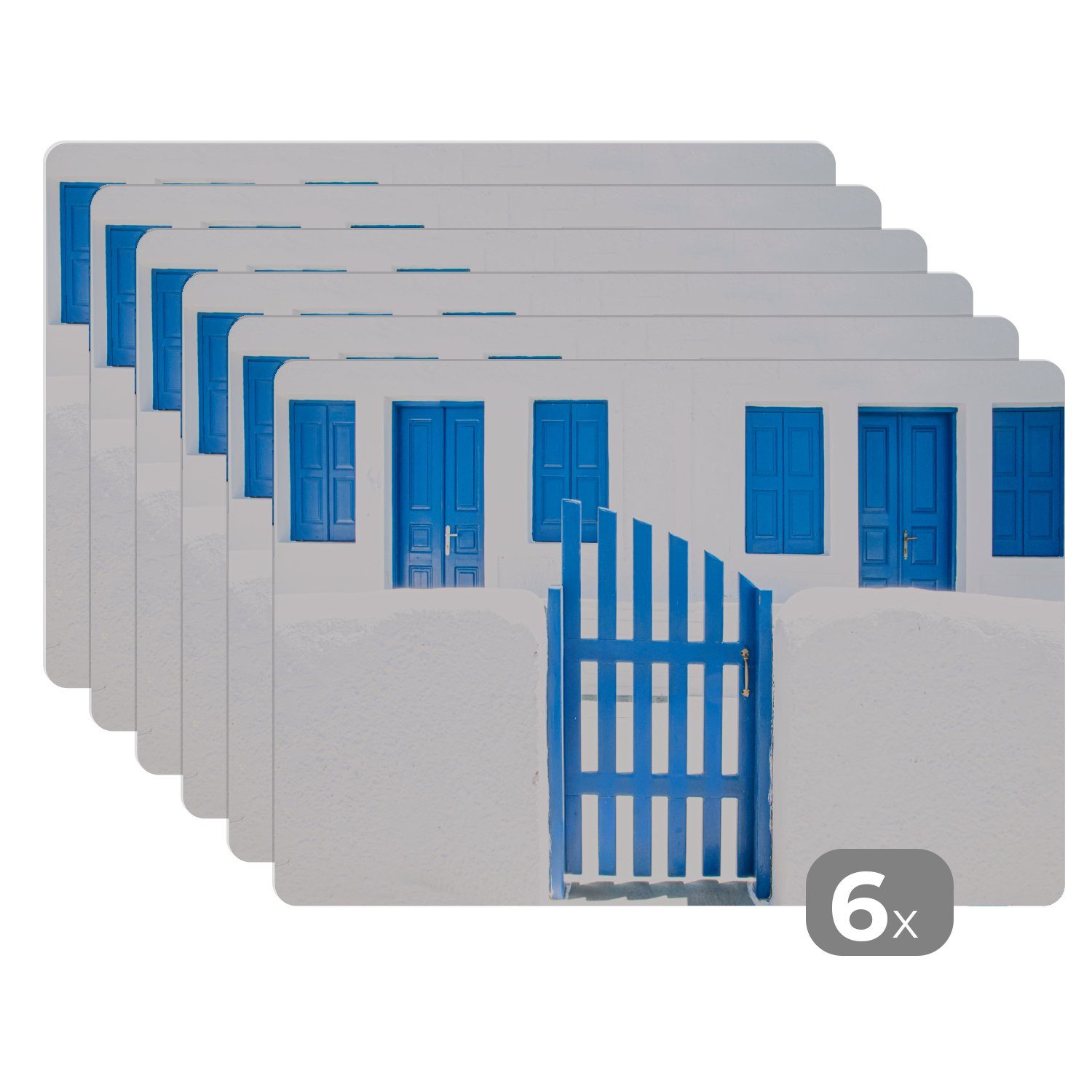 Platzset, Architektur - Zaun - Weiß - Blau - Türen, MuchoWow, (6-St), Platzset, Platzdecken, Platzmatte, Tischmatten, Schmutzabweisend