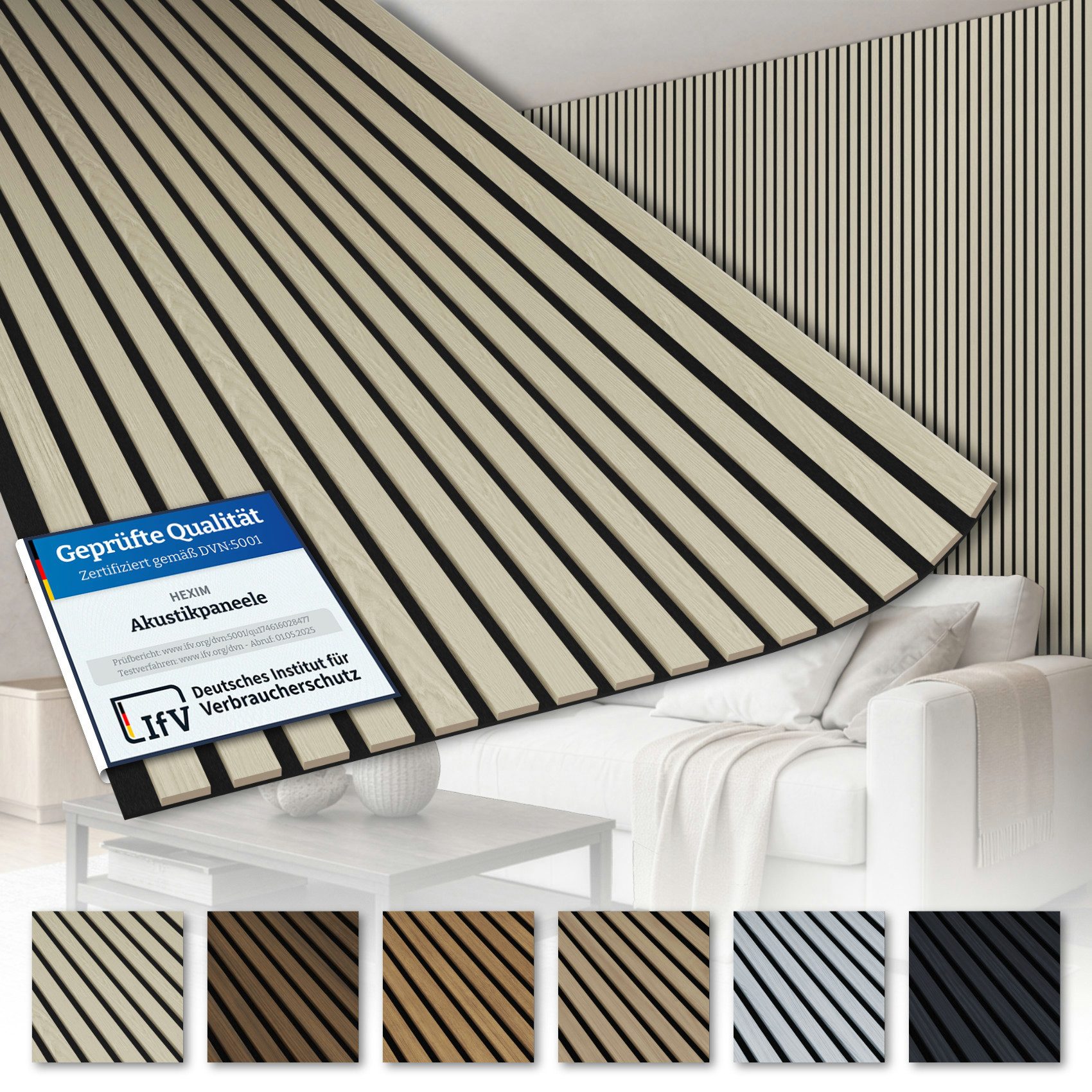 AKUSTIKO Wanddekoobjekt (Lamella Akustikpaneele 2 Stück 280x60cm - flexible Filz MDF Wandpaneele fugenlos - überlappende Holz Lamellenwand Paneele weiß - Akustik Wandverkleidung von HEXIM (3.36m² White Ash)