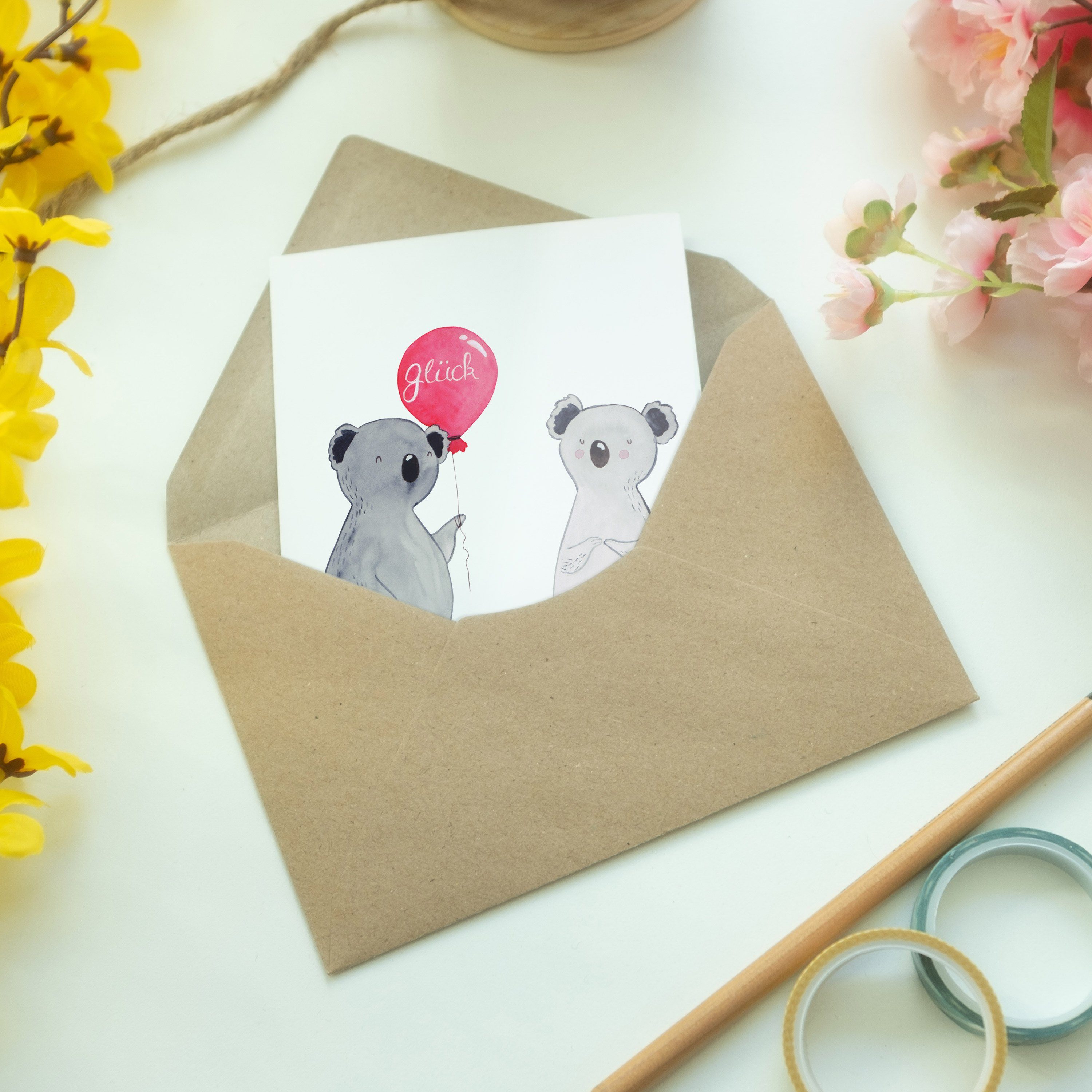 Mr. & Panda Geburtstagskarte, Geburtstag, Kar Koala Luftballon - Geschenk, - Weiß Mrs. Grußkarte