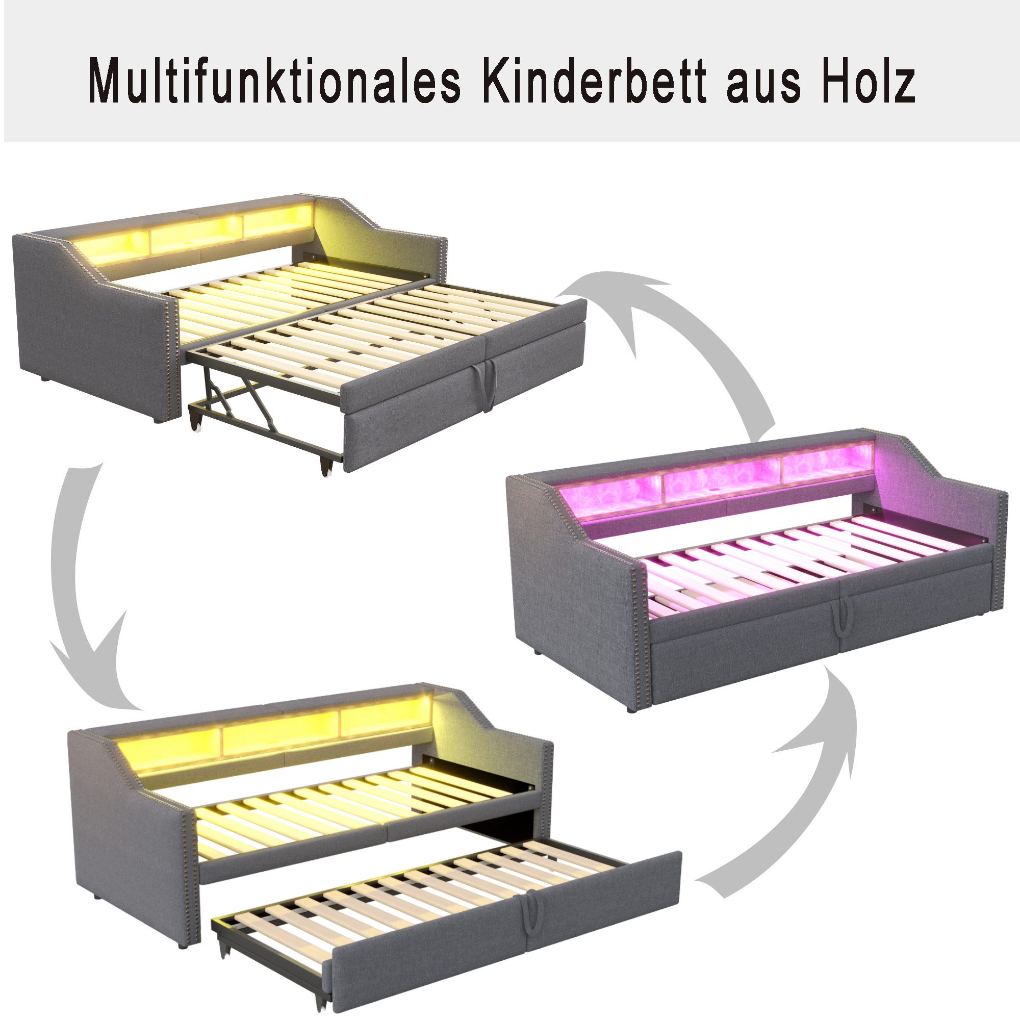 REDOM Schlafsofa Jugendbett,Funktionsbett,Polsterbett, mit USB & LED, Stauraum & Ausziehbett, für Jugendzimmer & Gäste 90/180x200 cm, ohne Matratze