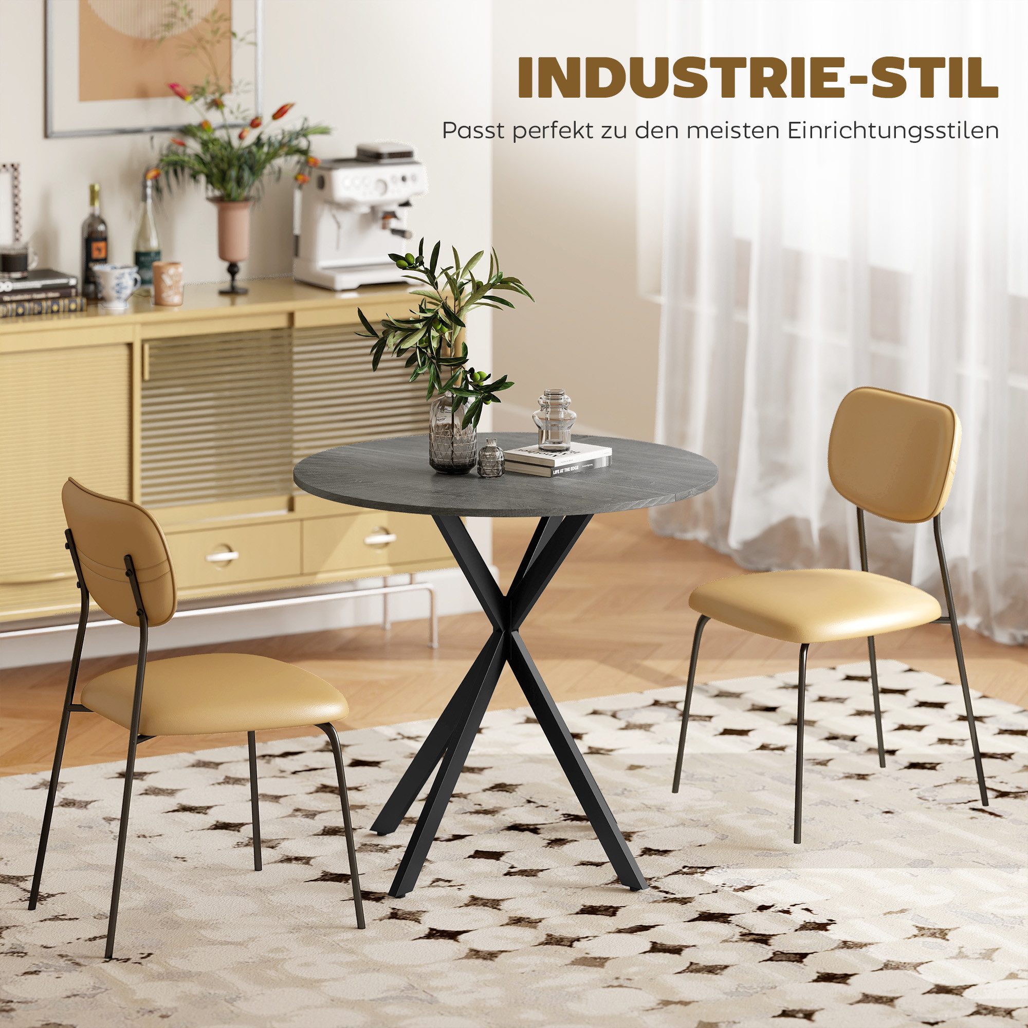 HOMCOM Esstisch Küchentisch im Industriestil mit Stahlbeinen für 2 Personen (für Esszimmer, Küche, Wohnzimmer, 1-St., rund, 80 x 80 x 75 cm), Grau – Bild 5 von 5