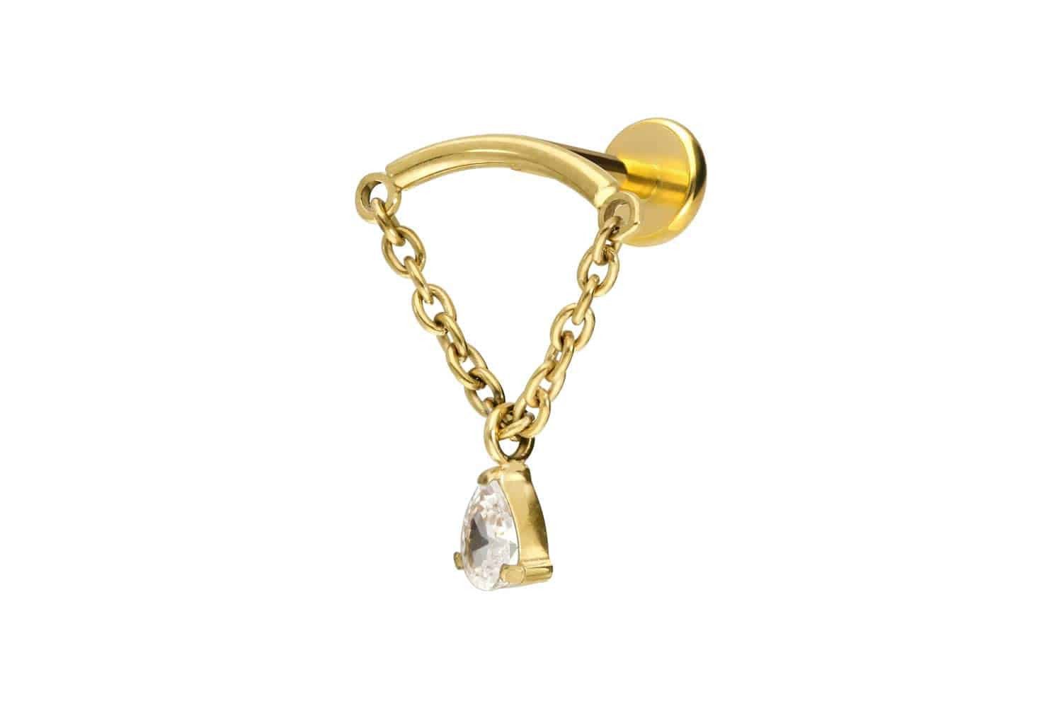Piercing-Set Titan Labret mit Push Fit BOGEN + KETTE + KRISTALLTROPFEN