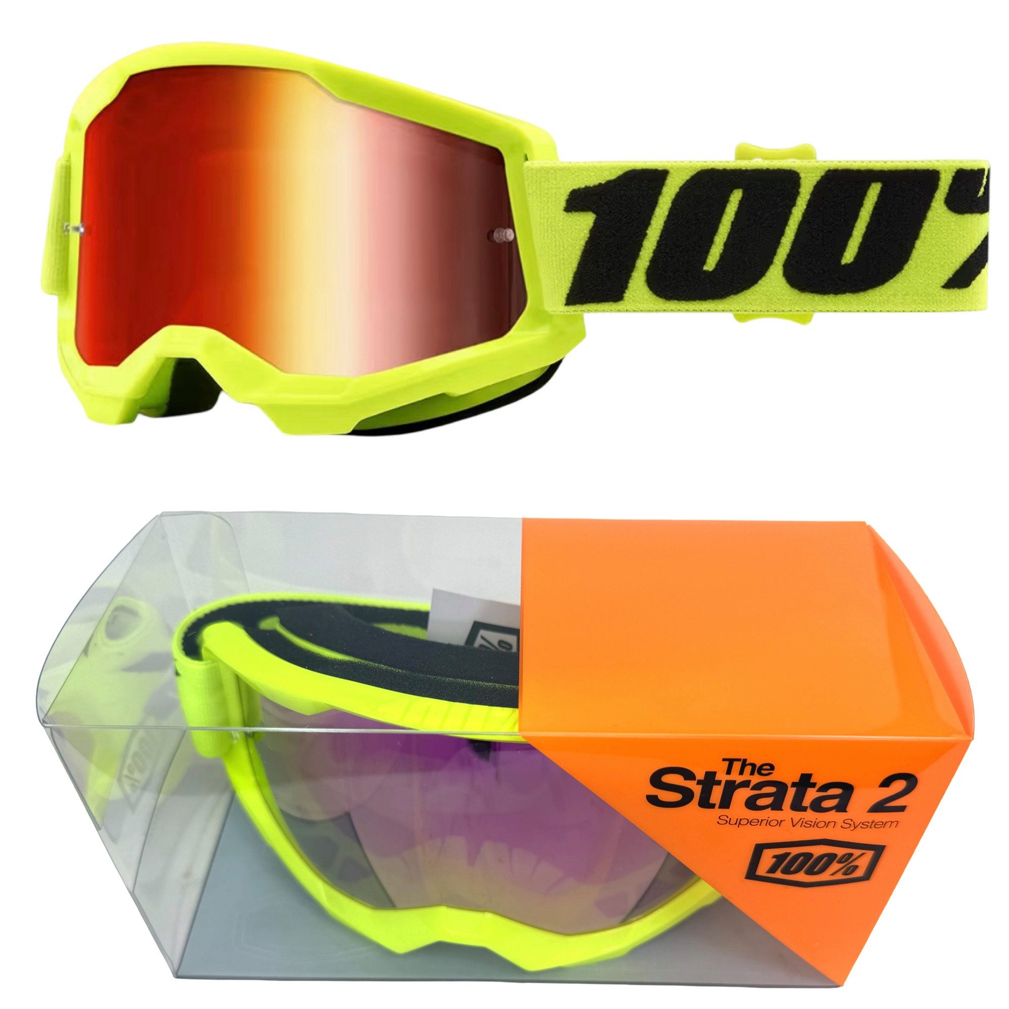 100% Motorradbrille 100% Strata V2 goggle Motocross Brille Neon Gelb Verspiegelt