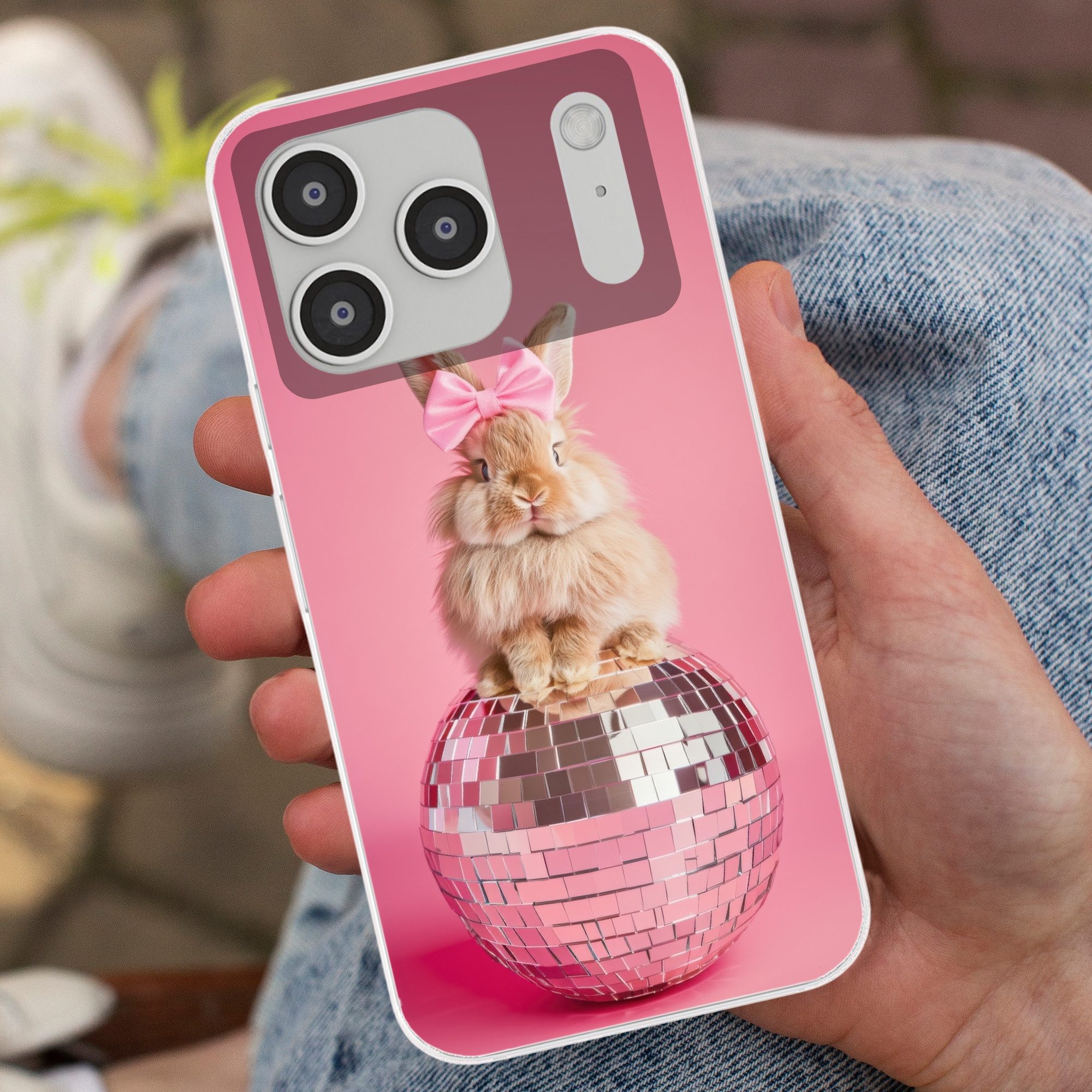 MuchoWow Handyhülle für Apple iPhone 17 Pro Schleife - Discoball - Kaninchen, Smartphone-Bumper, Print, Handy Schutzhülle Dünn