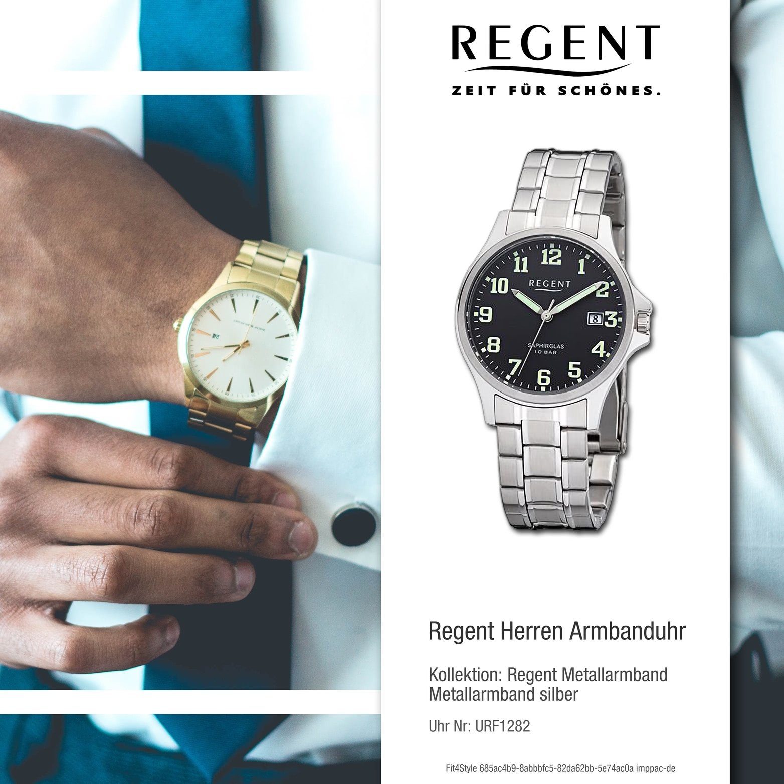 36mm) extra Armbanduhr Gehäuse, Regent Regent Herren rundes silber, Quarzuhr groß Metallarmband Herrenuhr Analog, (ca.