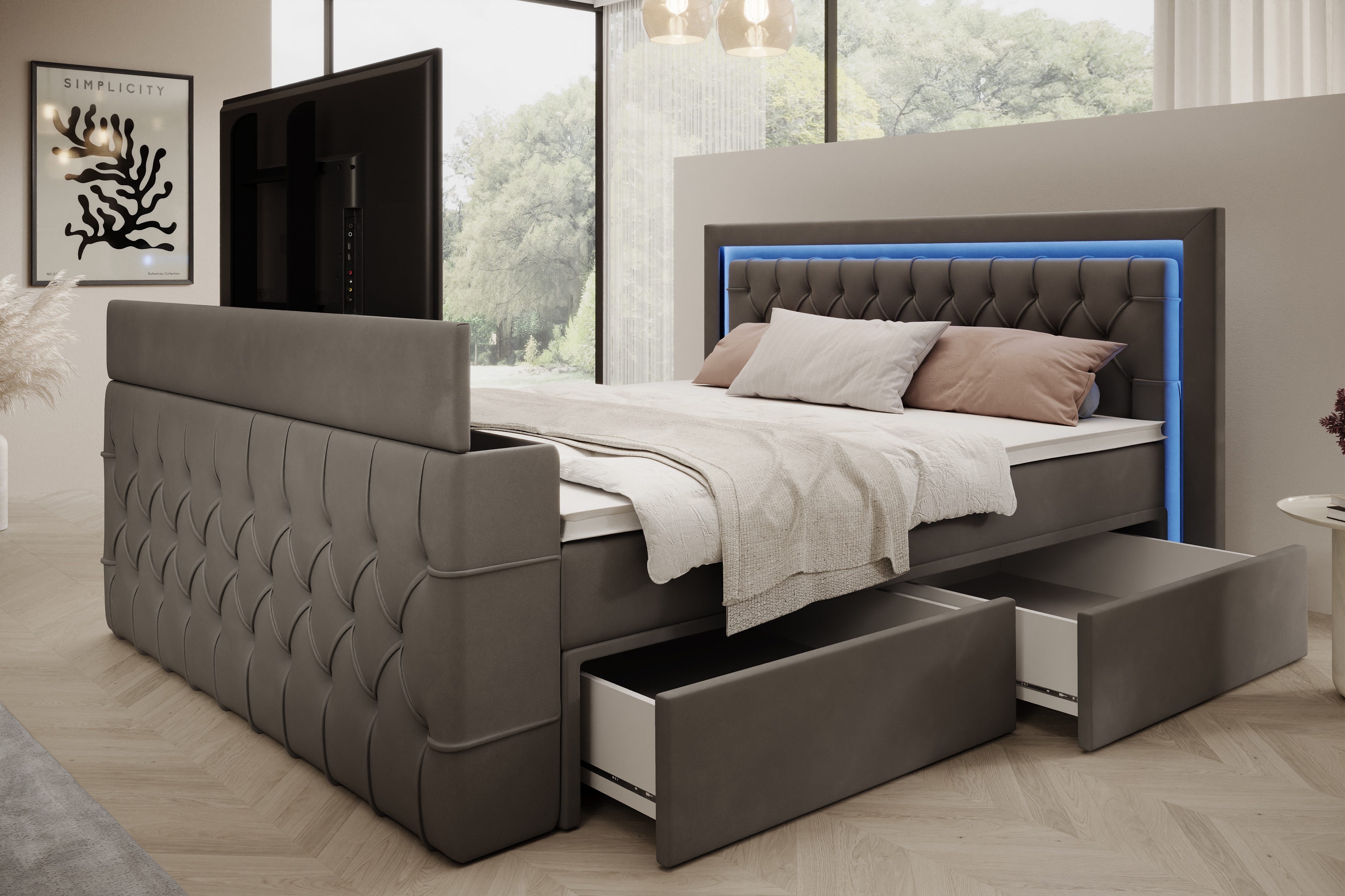 PROMETO Möbel Boxspringbett Doppelbett 180x200 mit Matratze, Schubladen TV-Lift LED Beleuchtung, inkl. 7-Zonen-Taschenfederkernmatratze, TV-Lift im Fußteil, Top – Bild 5 von 5