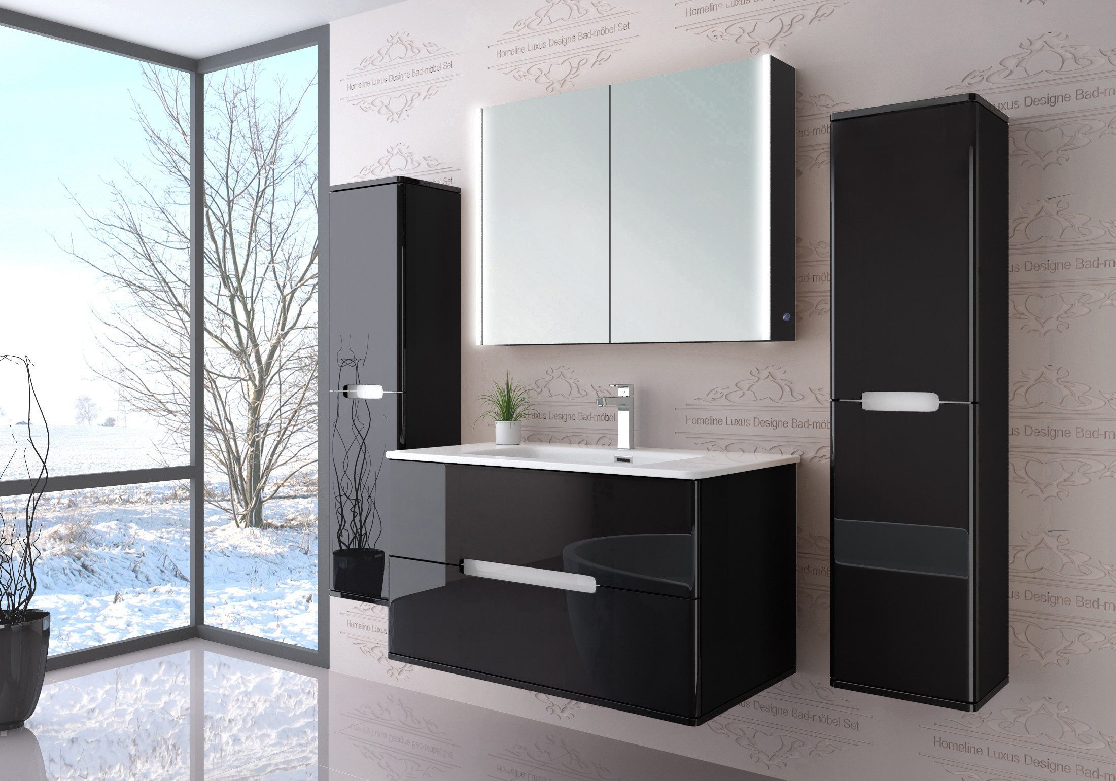 Homeline Badmöbel-Set Sky Badmöbel set Schwarz mit Spiegelschrank und Hänge günstig online kaufen